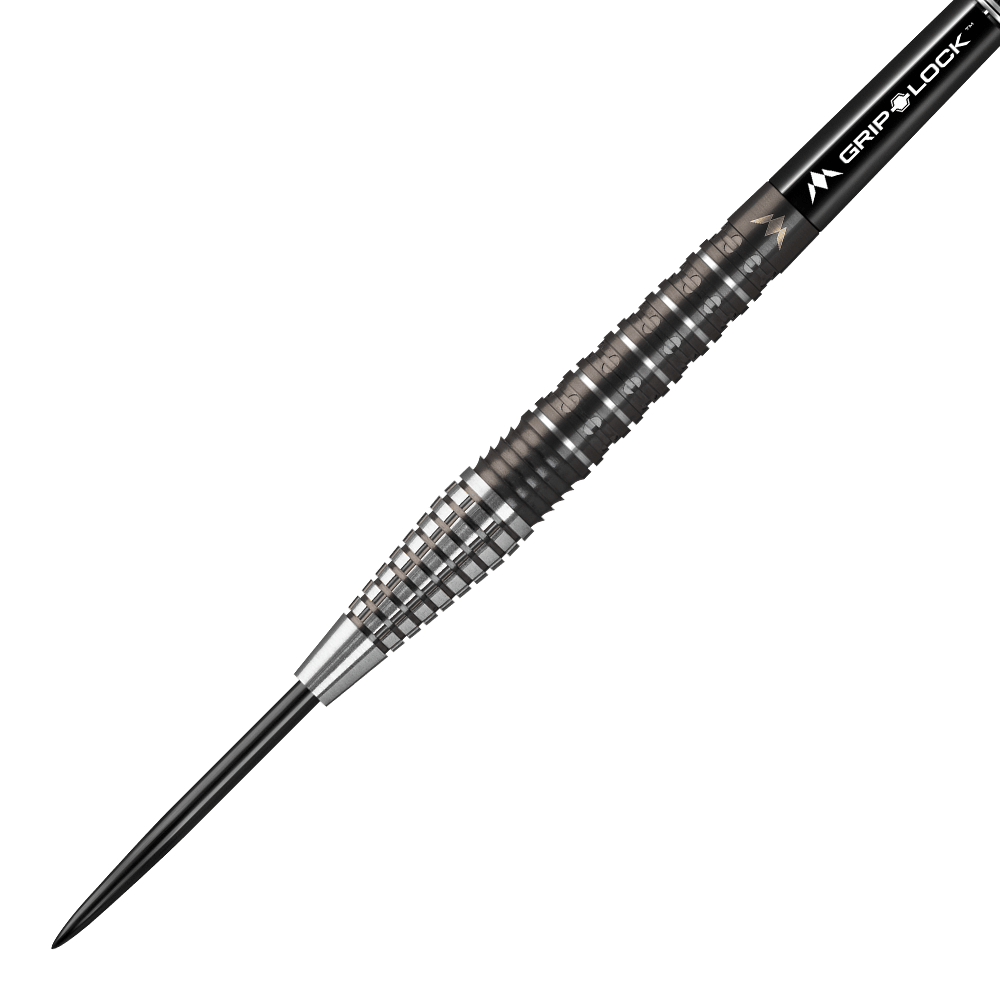 Das Bild zeigt den "Mission Makara M2 Steeldart" mit einem Gewicht von 23 Gramm. Der Dartpfeil hat eine schwarze Spitze und einen geriffelten, silber-schwarzen Griffbereich.