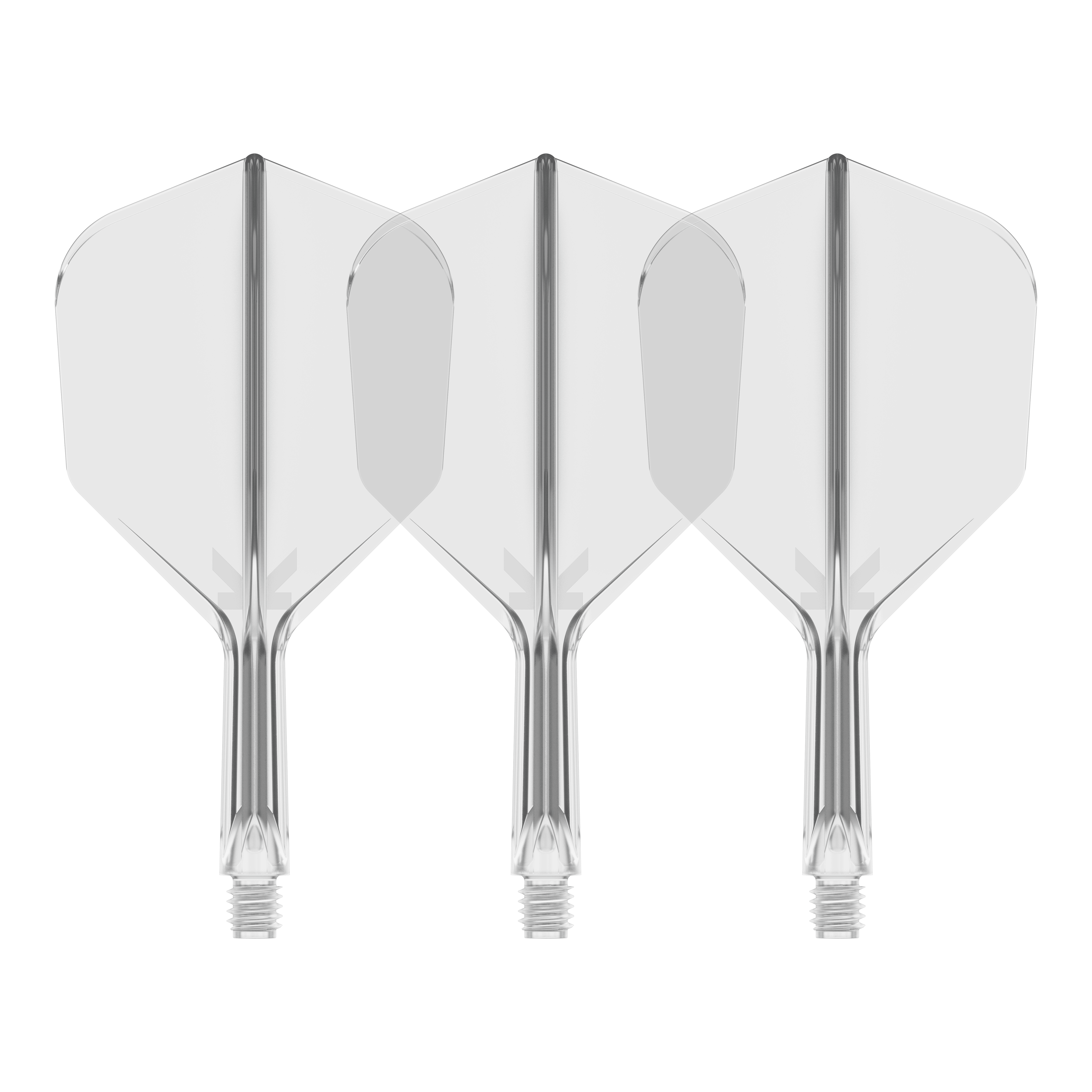 Système de vol Target K-Flex n° 6 - Transparent Auf dem Bild sind drei durchsichtige Dartflights mit integriertem Schaft zu sehen. Sie stehen nebeneinander vor schwarzem Hintergrund.