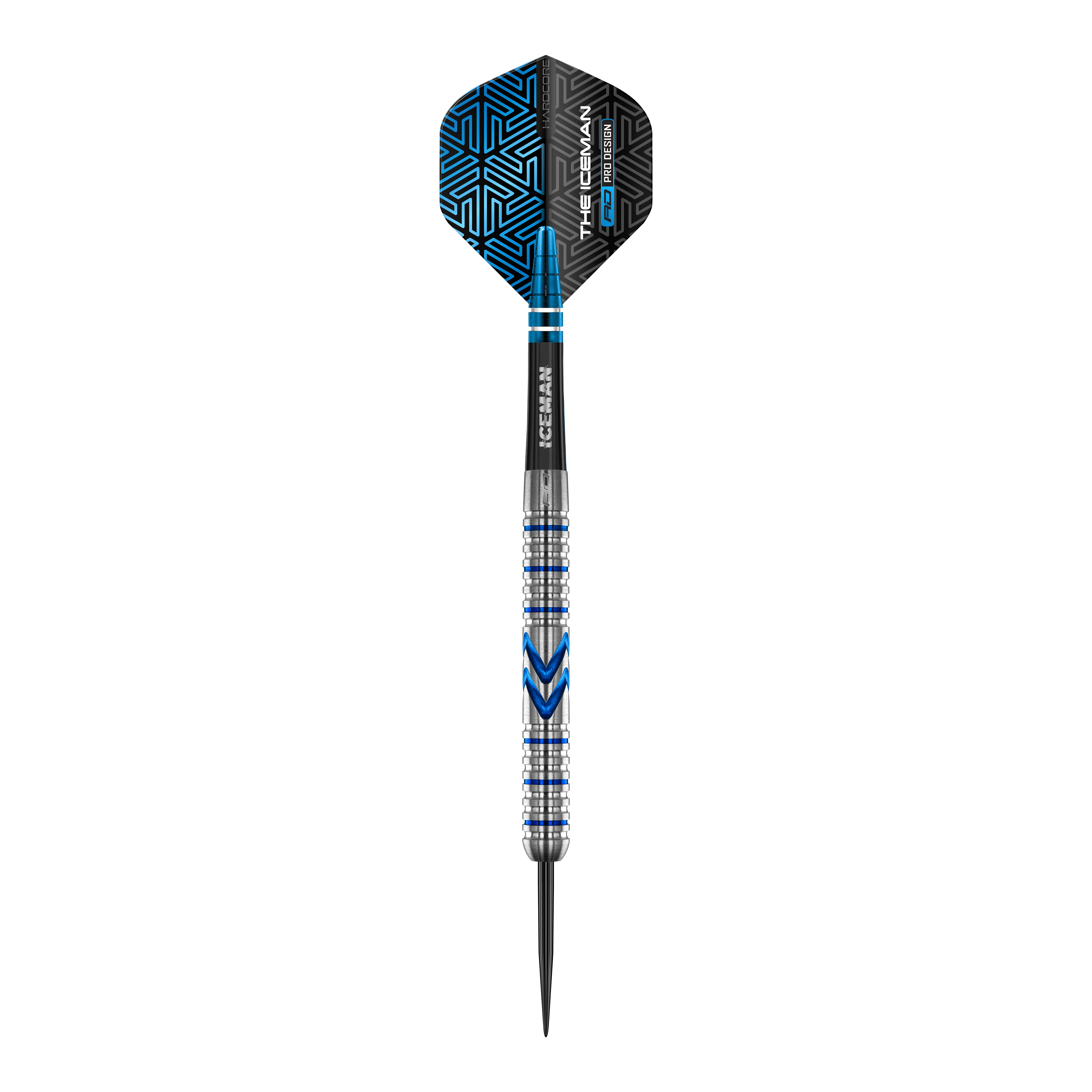 Fléchettes en acier Red Dragon Gerwyn Price Iceman Midnight Edition Das Bild zeigt einen Steeldart aus der Serie "Red Dragon Gerwyn Price Iceman Midnight Edition". Der Dart hat ein silbernes und blaues Design mit schwarzen Akzenten auf dem Flight.
