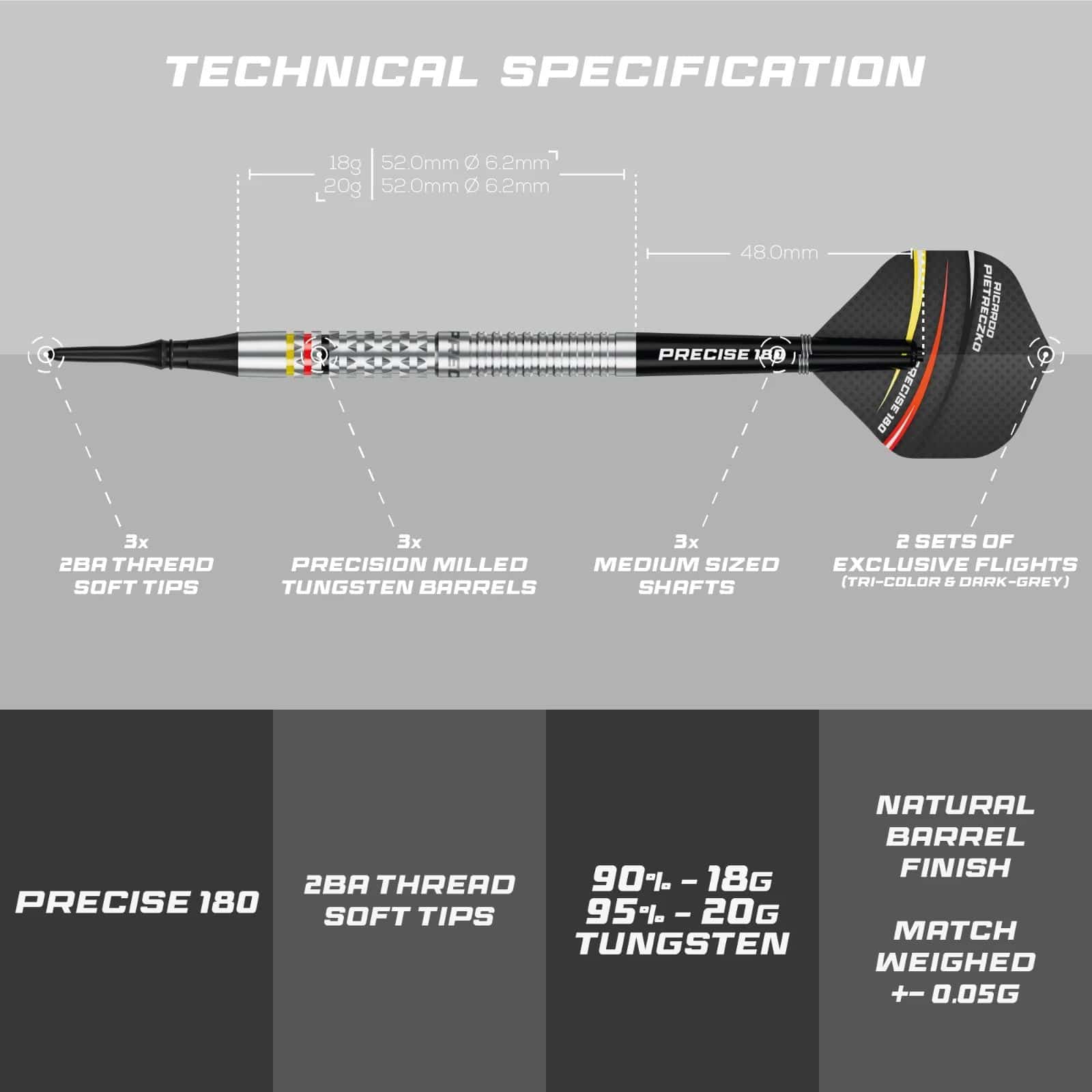 Fléchettes souples Precise 180 Ricardo Pietreczko GEN1 Precise 180 Ricardo Pietreczko GEN1 Softdarts sind Softdarts mit besonderem Design. Sie eignen sich perfekt für elektronische Dartboards.