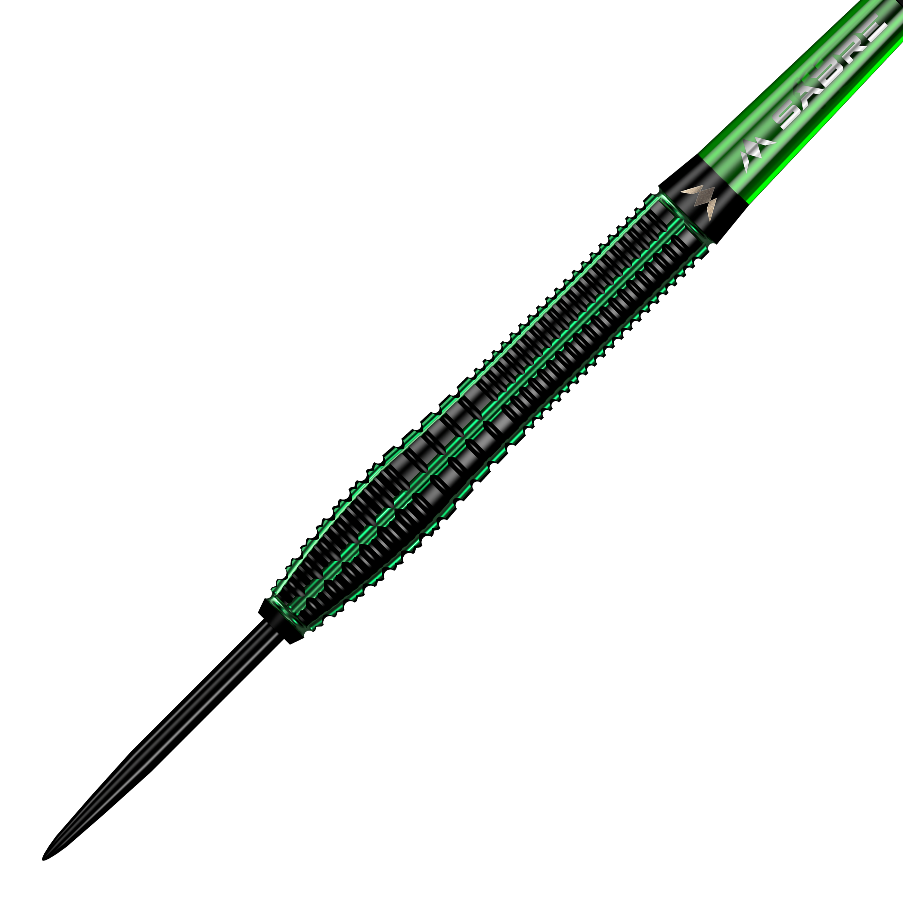 Fléchettes en acier Mission Venom Das Bild zeigt einen Mission Venom Steeldart mit einem schwarzen und grünen Design. Der Dartpfeil hat eine schlanke Form und auffällige grüne Akzente entlang des Schafts.