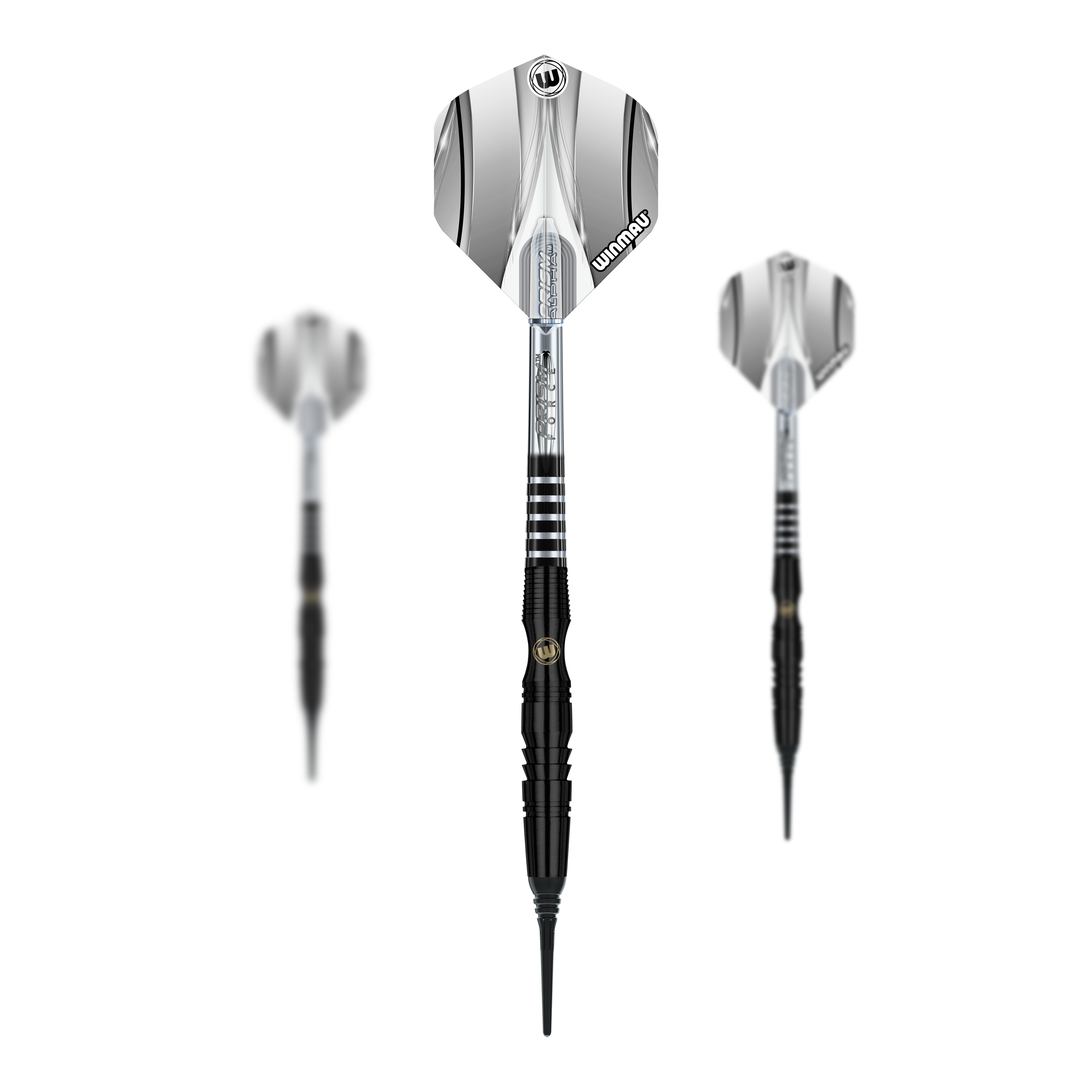 Fléchettes souples Winmau Sniper Black - 20 g Das Bild zeigt drei Winmau Sniper Black Softdarts mit einem Gewicht von 20g. Die Darts haben schwarze Spitzen und silber-schwarze Flights.