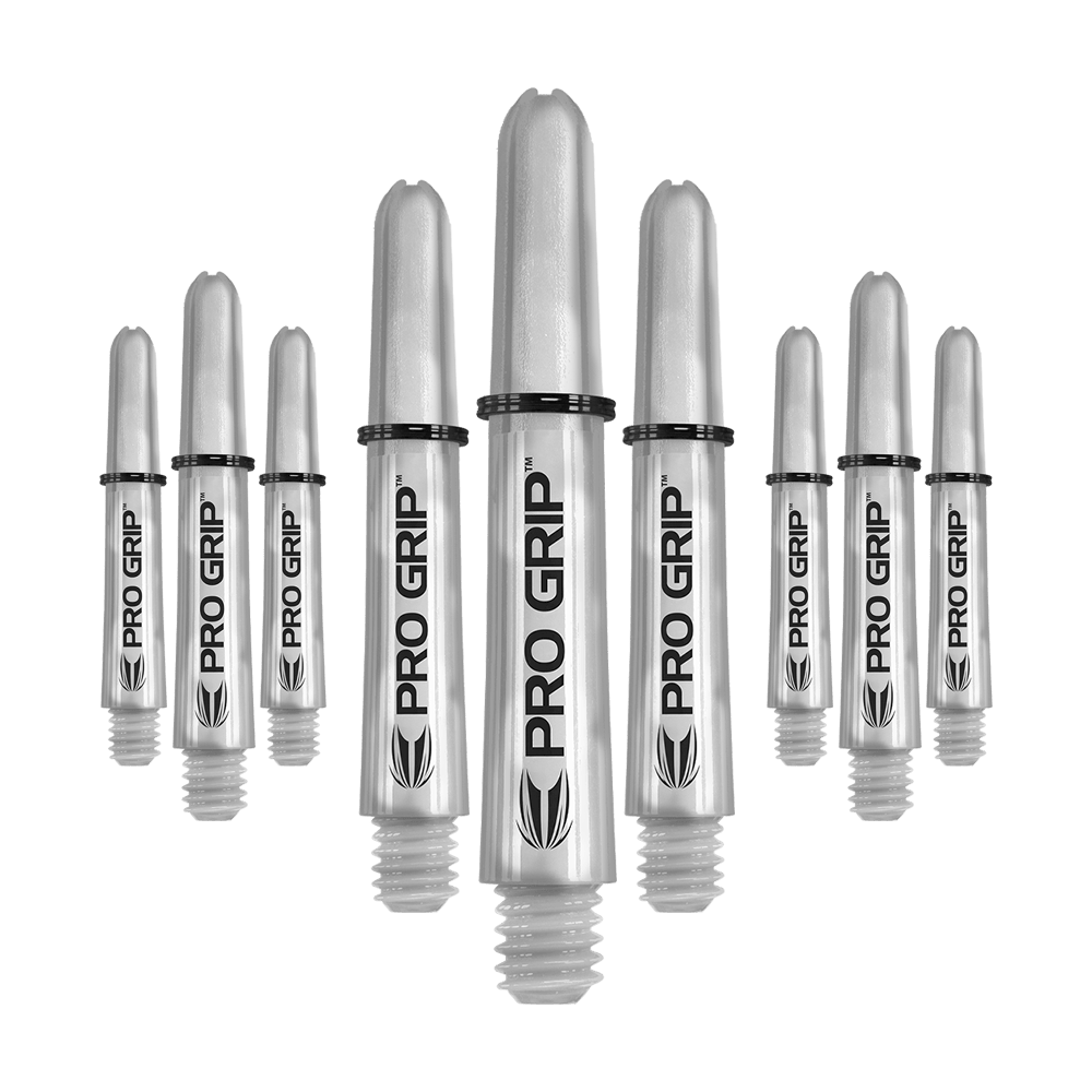 Tiges Target Pro Grip - 3 jeux - Transparent Das Bild zeigt neun transparente Dartschäfte mit der Aufschrift "Pro Grip". Sie sind in drei Reihen angeordnet, wobei die mittleren Schäfte am größten sind.
