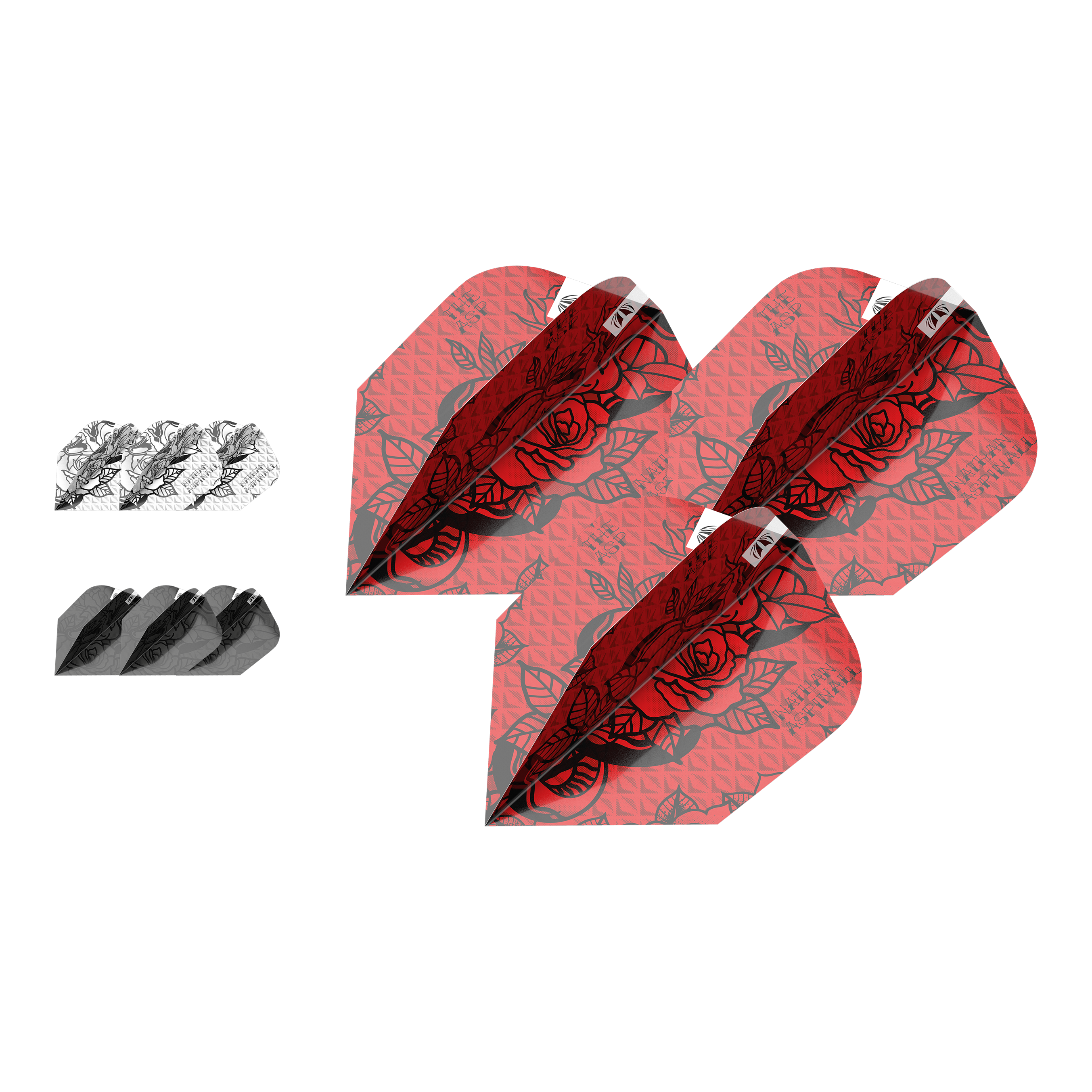 Target Ink Bundle 3 ensembles de vols Nathan Aspinall Ten-X Das Bild zeigt drei Sets von Dart-Flights im Produkt "Target Ink Bundle 3 Sets Nathan Aspinall Ten-X Flights". Die Flights sind in den Farben Rot, Schwarz und Weiß mit einem Rosenmuster gestaltet.