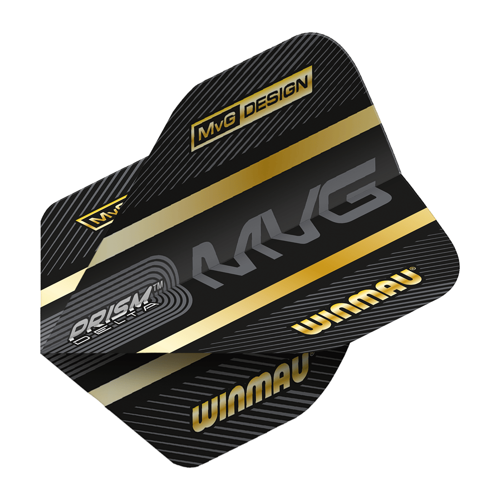 6915-238_Winmau_Prism_Delta_MvG_Standard_Flights_22wGkeLCJiNWhc Die Abbildung zeigt das Produkt "Winmau Prism Delta MvG Standard Flights". Die Flights sind schwarz mit goldenen Akzenten und tragen die Aufschriften "MvG", "WINMAU" und "PRISM DELTA".