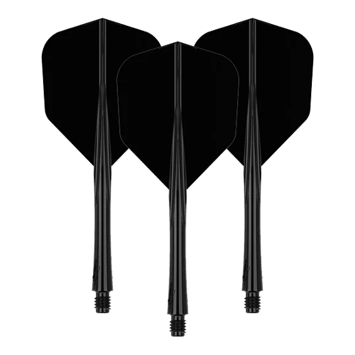 Système de vol Caliburn SUP Lite No6 Das Bild zeigt drei schwarze Dart-Flights mit Schäften. Sie sind in einer aufrechten Position nebeneinander angeordnet.