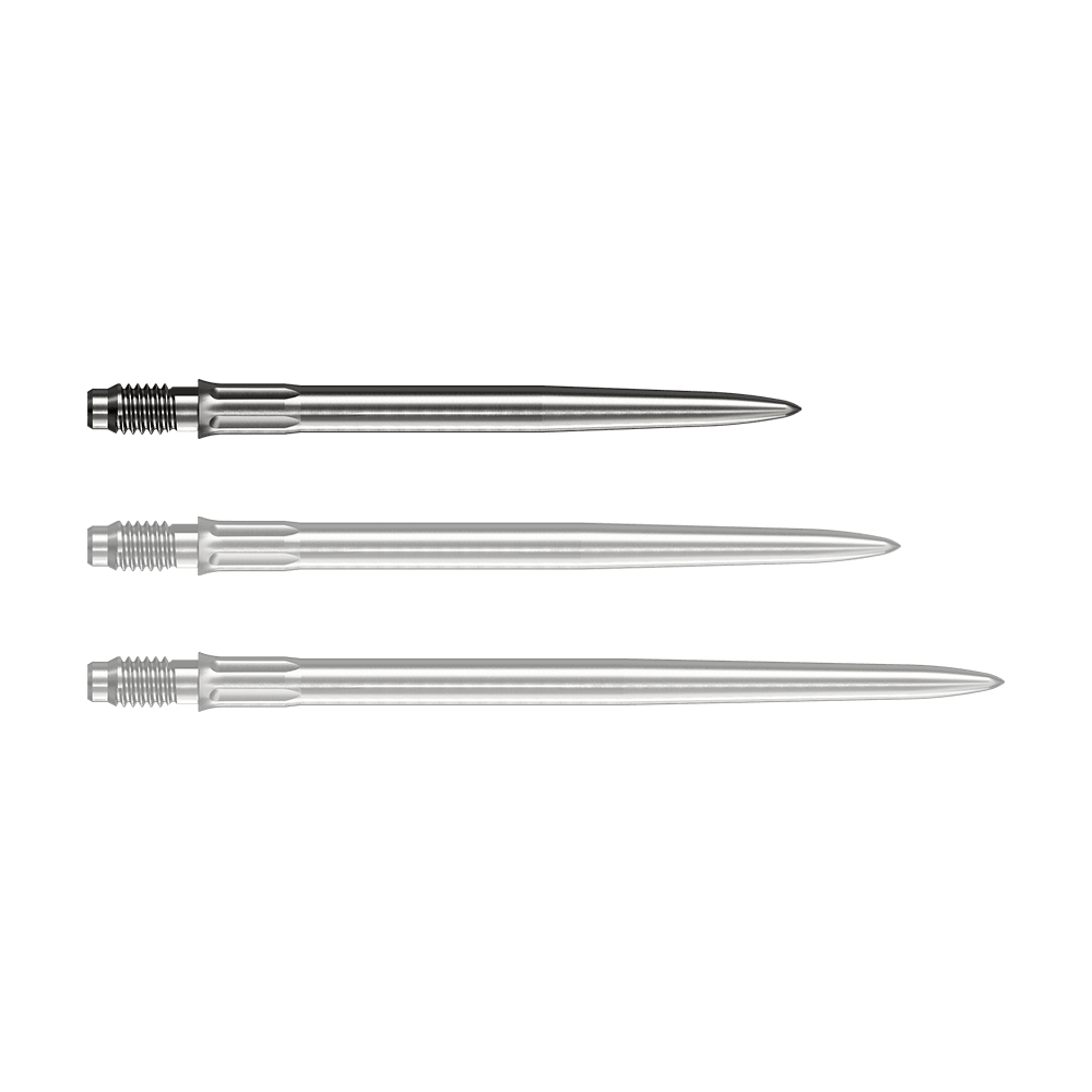 Pointes de fléchettes Mission R2.5 Rapid Point SM1 - Argent Eine silberne Dartspitze liegt vor weißem Hintergrund. Die Spitze ist eine Mission R25 Rapid Point SM1 mit einer Länge von 30mm.