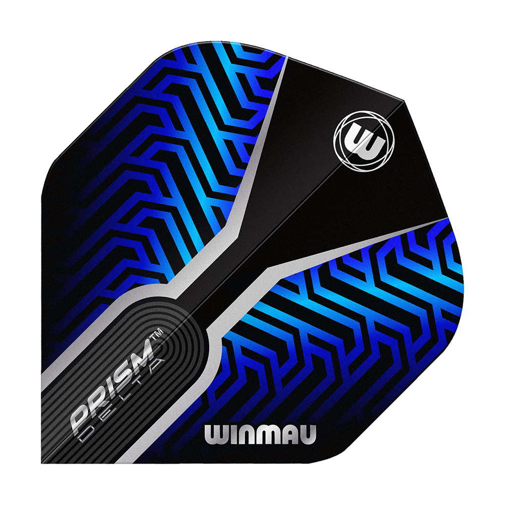 Hier zu sehen sind die Winmau Prism Delta Blue No2 Standard Flights. Die Dart Flights verfügen über ein auffälliges blau-schwarzes Muster.