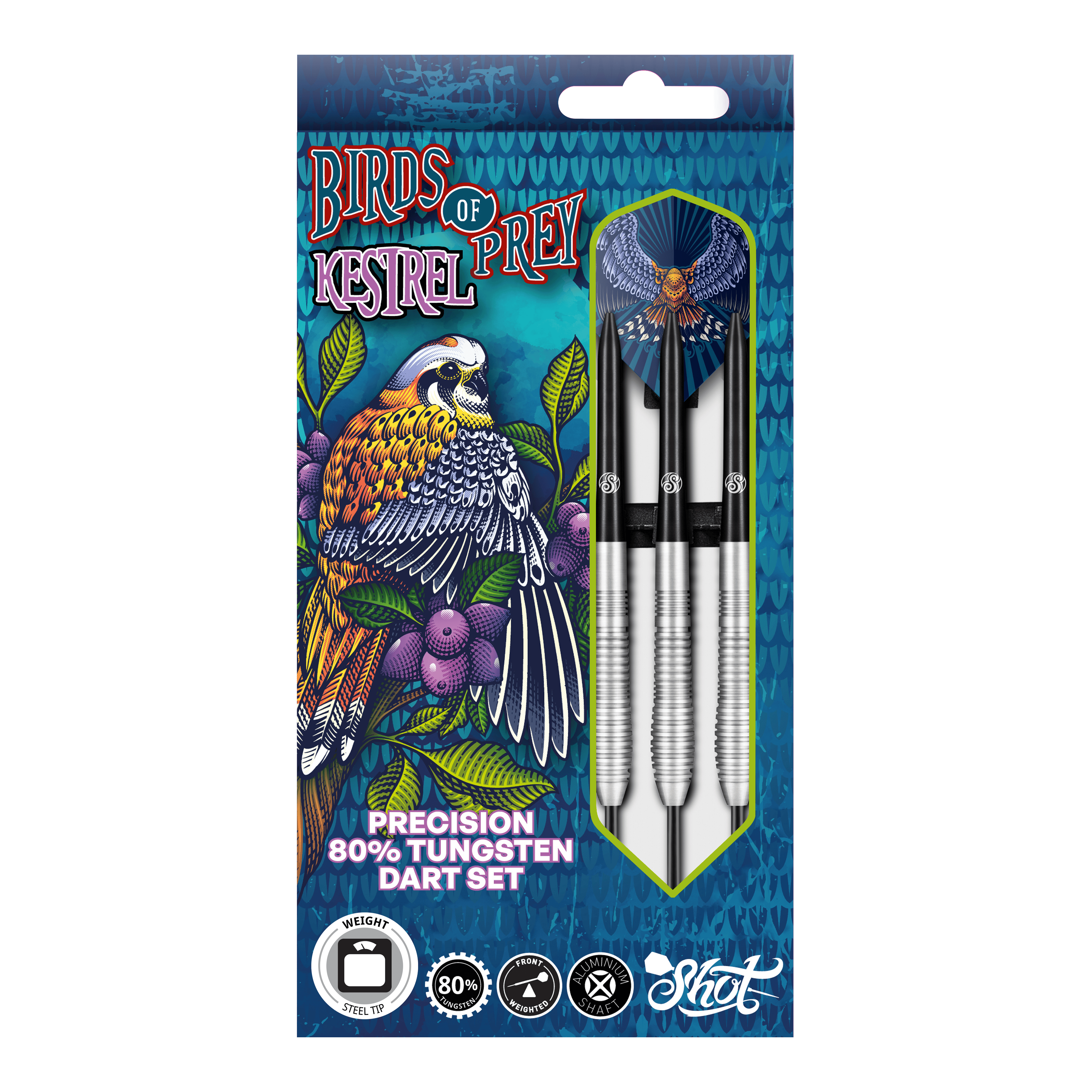 Fléchettes en acier Kestrel pour oiseaux de proie Das Bild zeigt die Verpackung der "Shot Birds Of Prey Kestrel Steeldarts". Auf der Verpackung ist ein bunter Vogel abgebildet, und die Darts bestehen aus 80% Tungsten.