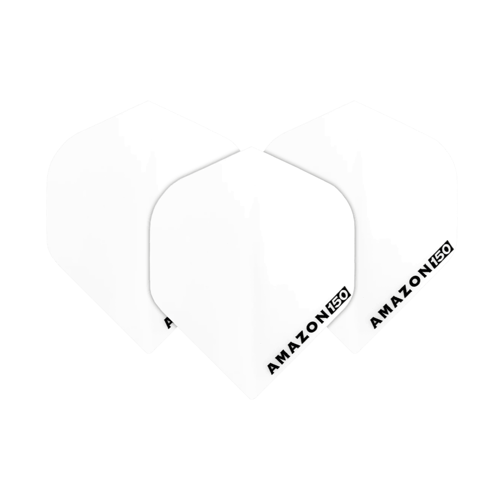 Vols Amazon 150 - Blanc Das Bild zeigt drei weiße Dart-Flights mit der Aufschrift "AMAZON 150" in einer Ecke. Die Flights sind schlicht gehalten und haben eine klassische Form.