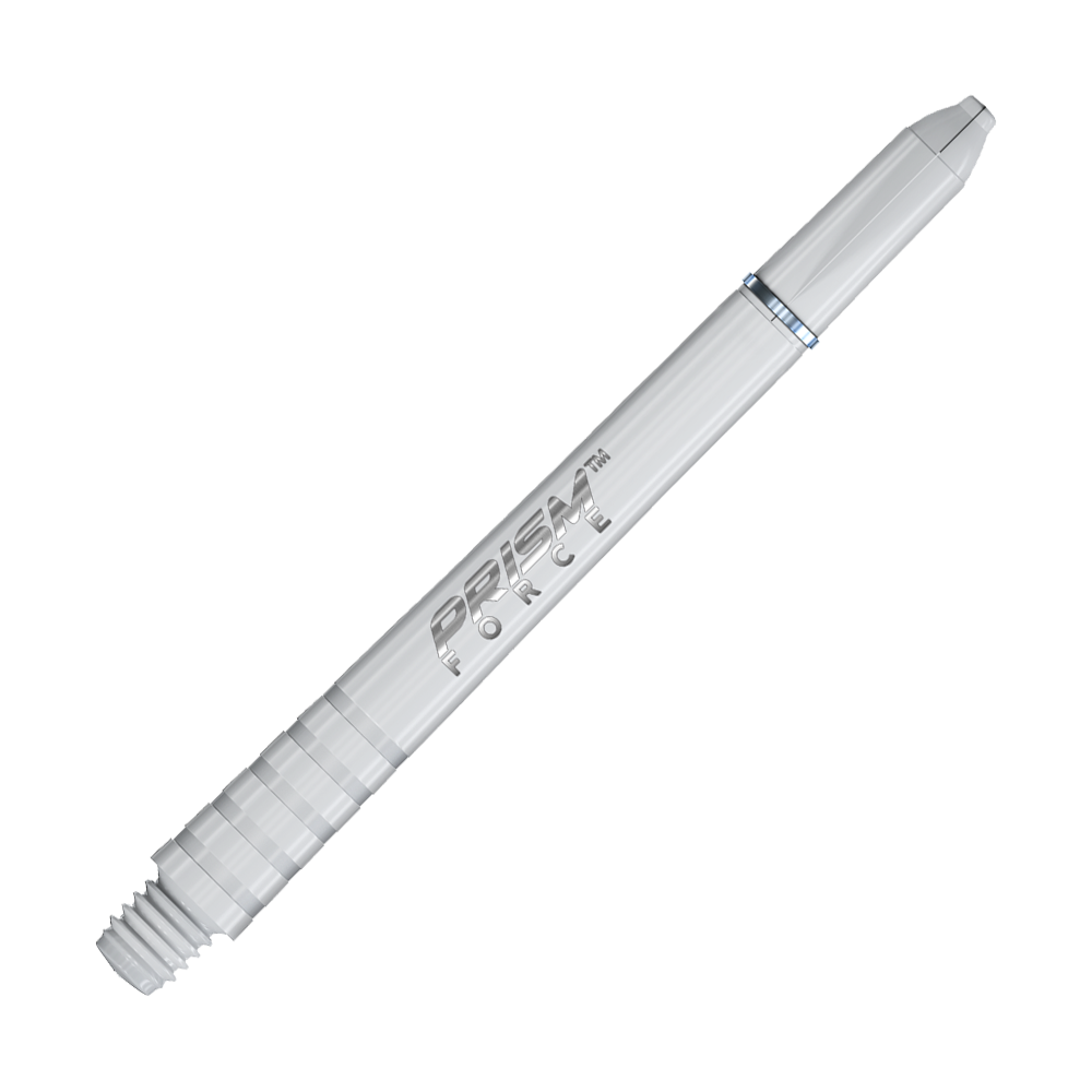 7020-202_Winmau_Prism_Force_Shafts_Weiss_48mm_2 Das Bild zeigt einen weißen Prism Force Dartschaft von Winmau. Auf dem Schaft steht der Schriftzug "PRISM FORCE".