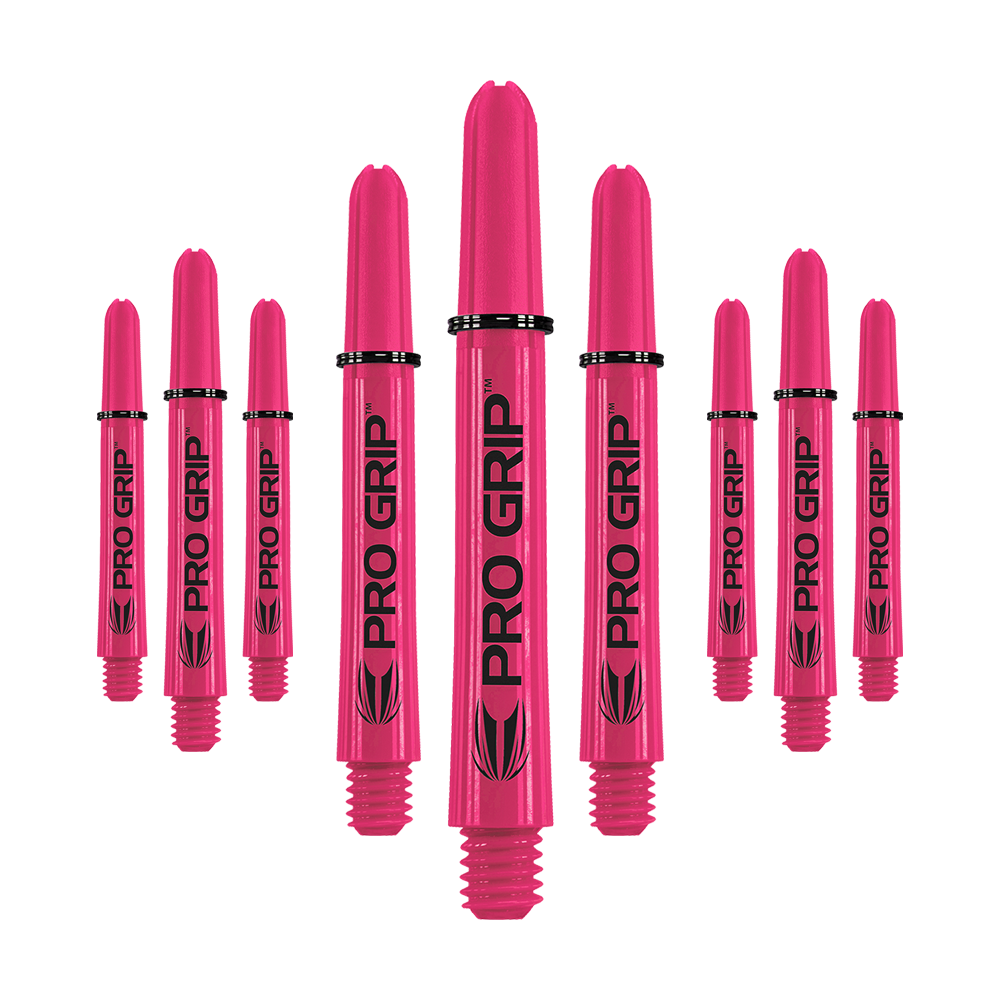 Tiges Target Pro Grip - 3 jeux - Rose Das Bild zeigt neun pinke Dartshafts mit der Aufschrift "PRO GRIP". Die Shafts sind in drei Reihen angeordnet und heben sich deutlich vor dem weißen Hintergrund ab.