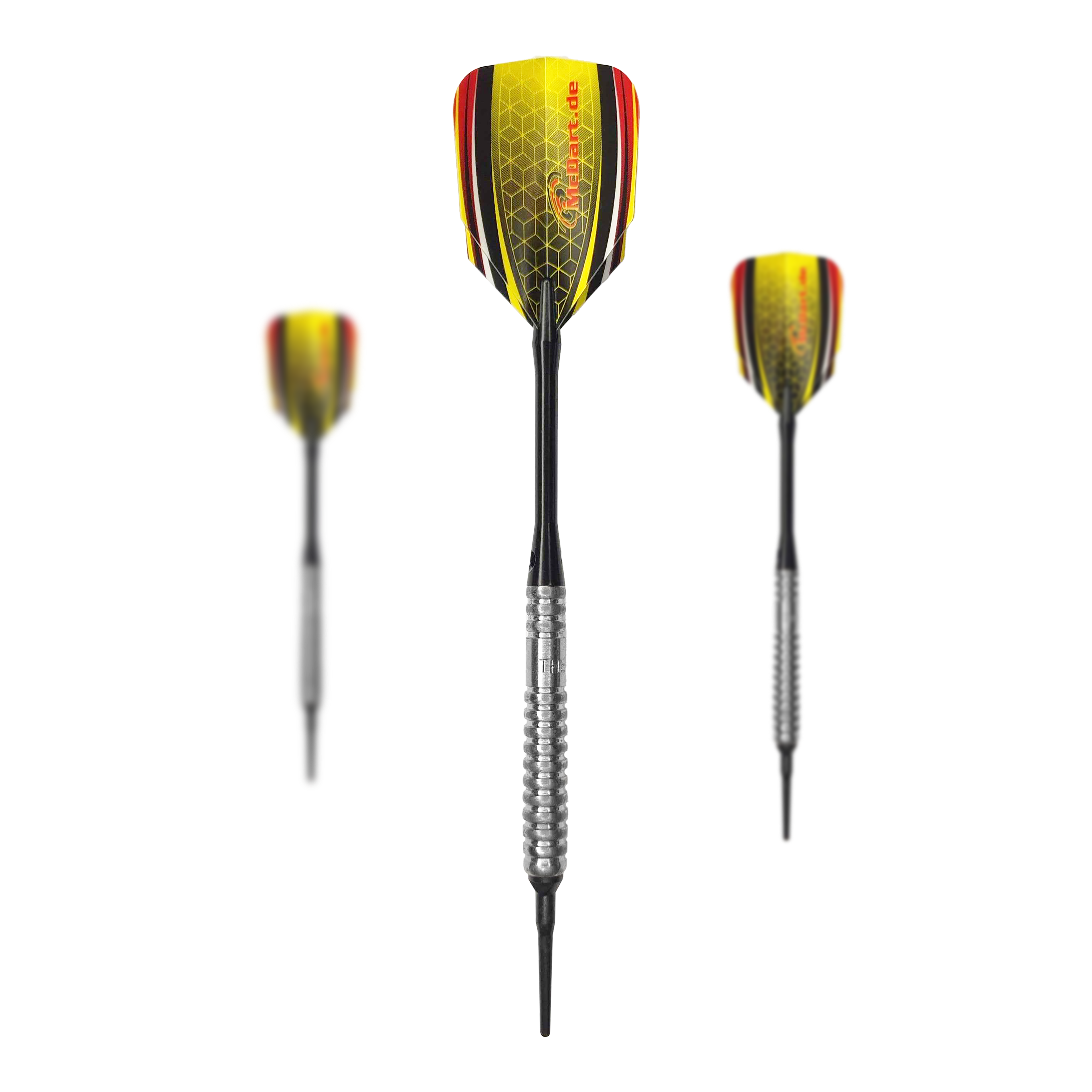 Fléchettes souples McDart 85 Tungstène V20 - 17 g Das Bild zeigt drei Softdarts des Modells "McDart 85er Tungsten V20" mit einem Gewicht von 17g. Die Flights sind in Gelb, Rot und Schwarz gestaltet und haben ein Wabenmuster.