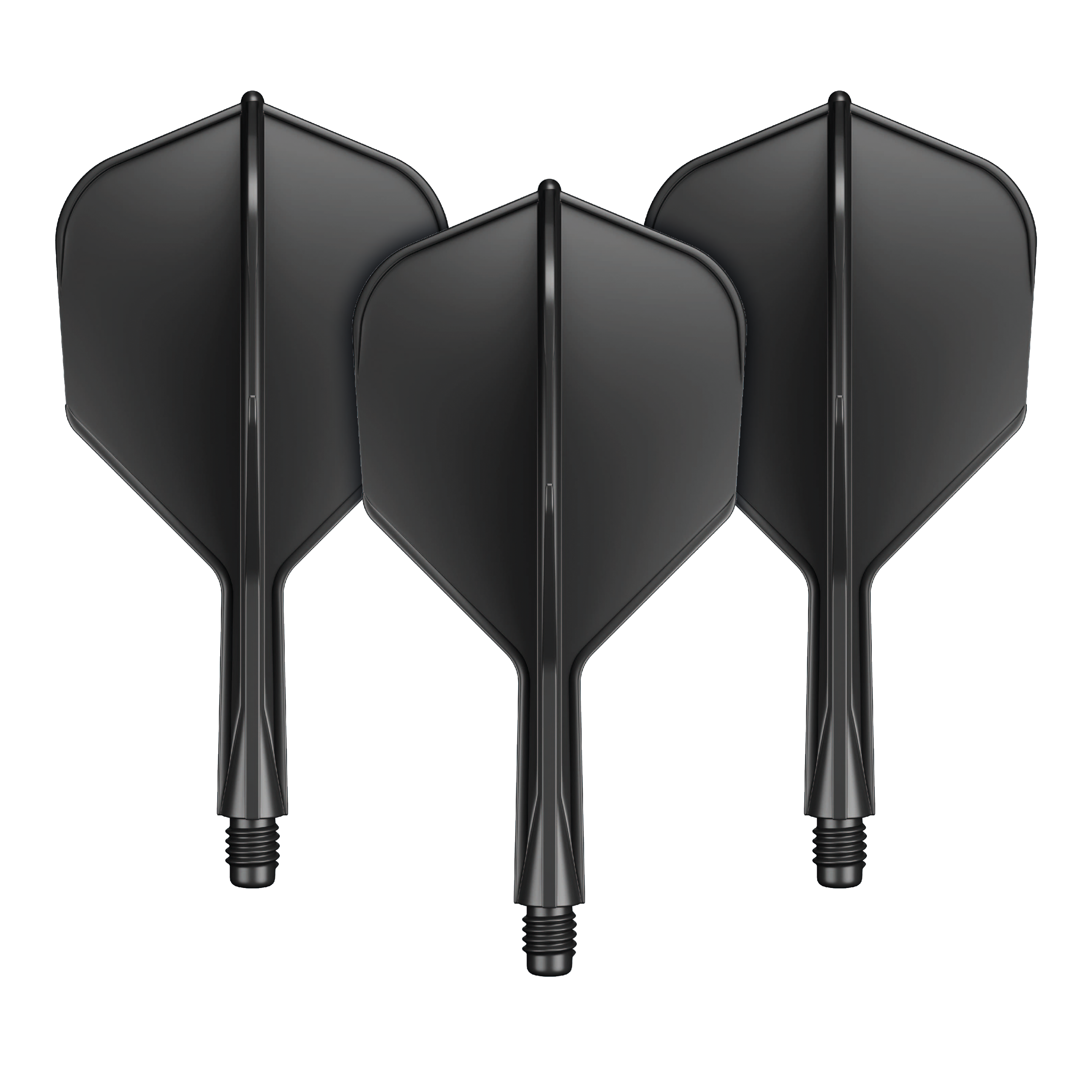Système d'arbre de vol GOAT A1R No6 - Noir Das Bild zeigt drei schwarze Dart-Flights mit integriertem Shaft. Sie sind nebeneinander angeordnet und verfügen über einen kurzen Schaft mit Schraubgewinde.