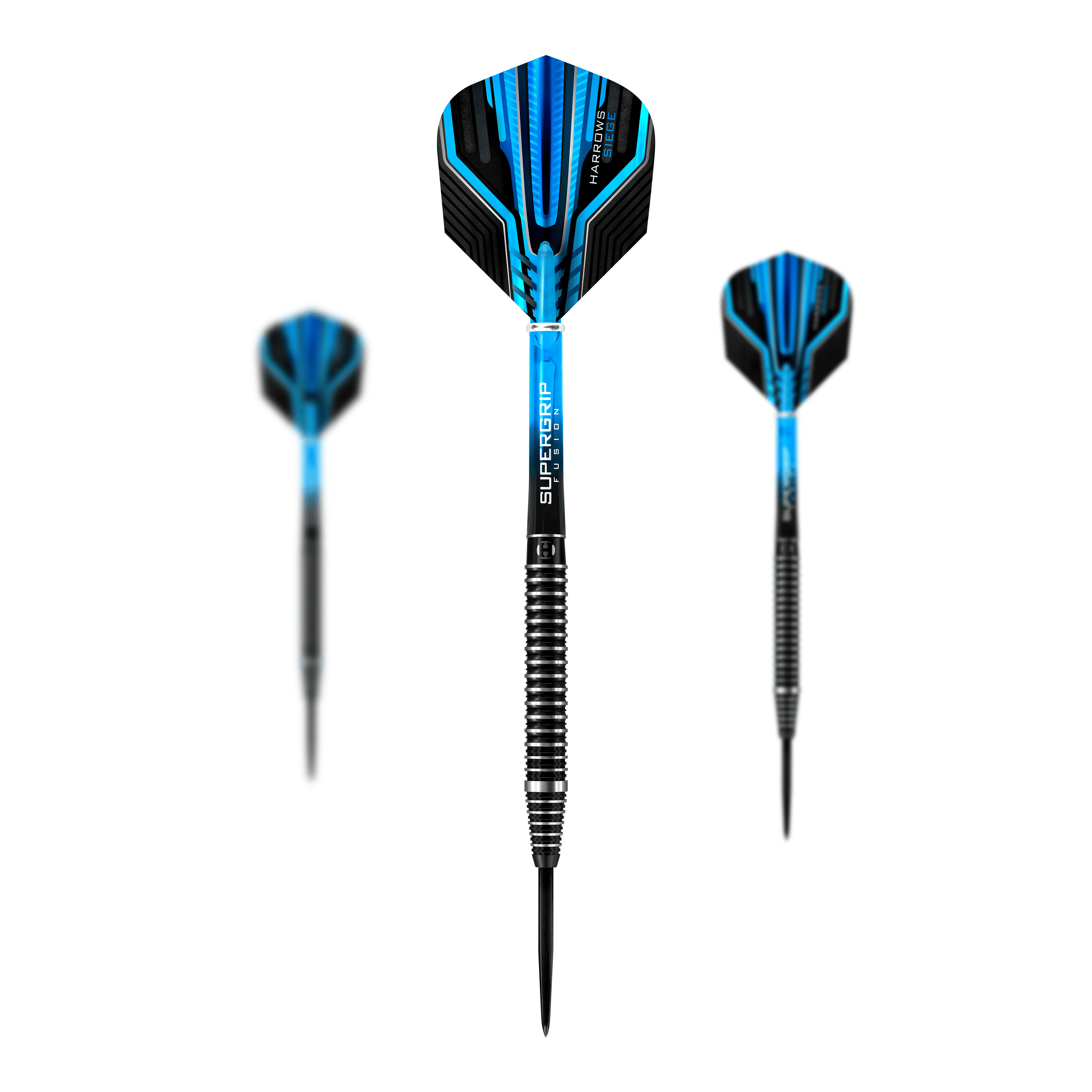 Fléchettes en acier Harrows Siege Das Bild zeigt drei Harrows Siege Steeldarts mit schwarzen und blauen Flights. Die Darts haben einen silbernen Ringgriff und einen schwarzen Schaft.