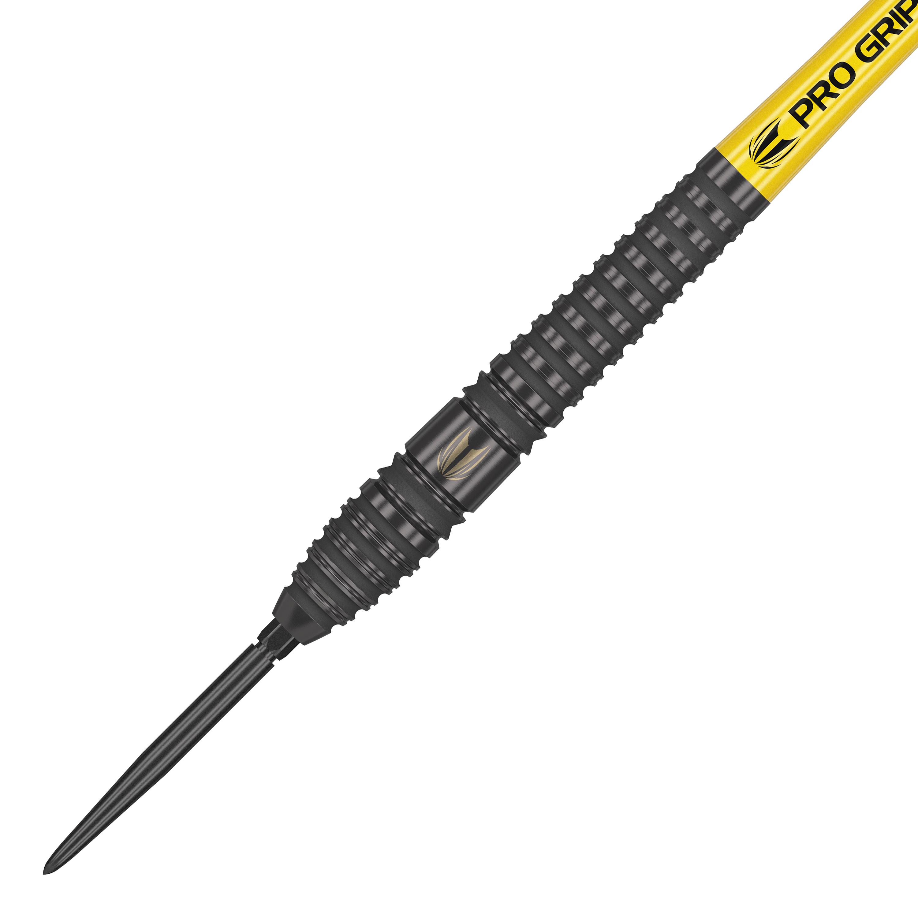 Fléchettes en acier Target Bolide Void 03 Swiss Point Das Bild zeigt den Target Bolide Void 03 Swiss Point Steeldart. Der Dartpfeil hat ein schwarzes, geriffeltes Barrel und eine gelbe Pro Grip Spitze.