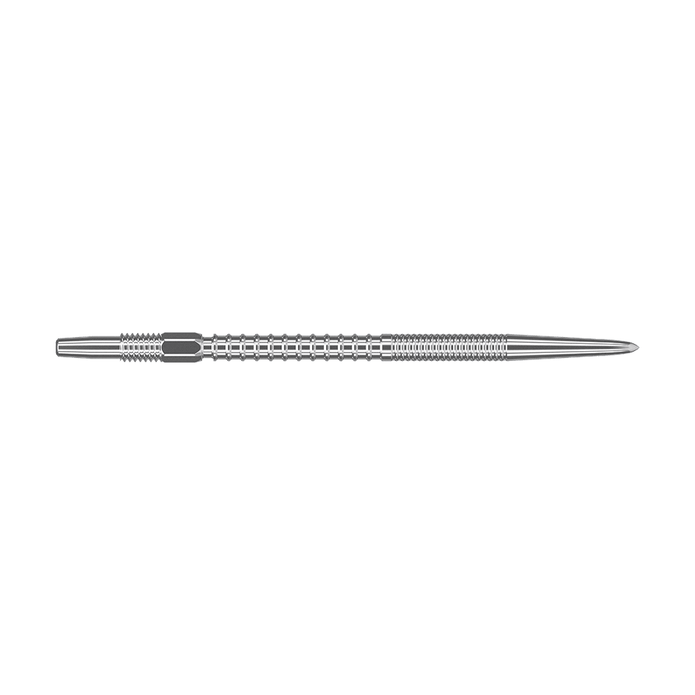 Pointes de fléchettes Target Swiss Firepoint Silver Das Bild zeigt eine silberne Dartspitze mit einem gerillten, strukturierten Design. Sie ist lang und schmal, mit einer spitzen Spitze am rechten Ende.