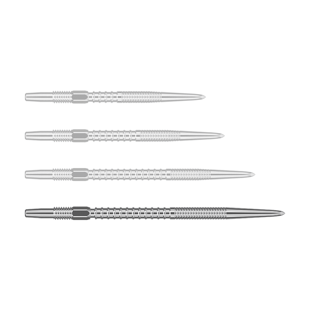 Pointes de fléchettes Target Swiss Firepoint Silver Das Bild zeigt vier silberne Dartspitzen, die nebeneinander liegen. Sie sind gleich lang und haben eine feine Riffelung für besseren Halt.