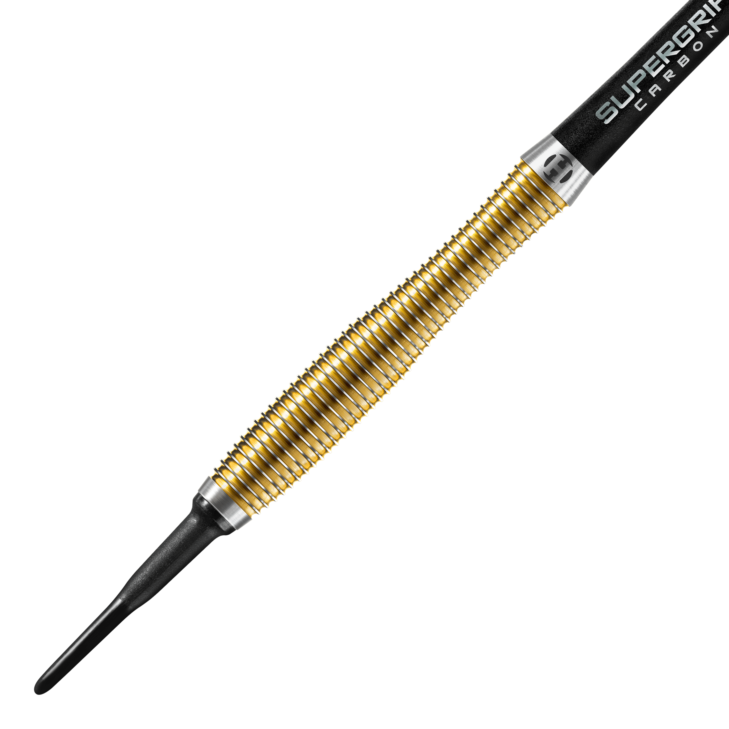 Fléchettes souples Harrows édition anniversaire V-Wing - 18 g Das Bild zeigt einen goldfarbenen Softdart der Marke Harrows, Modell Anniversary Edition V-Wing mit 18g Gewicht. Der Dart hat eine strukturierte Griffzone und eine schwarze Kunststoffspitze.