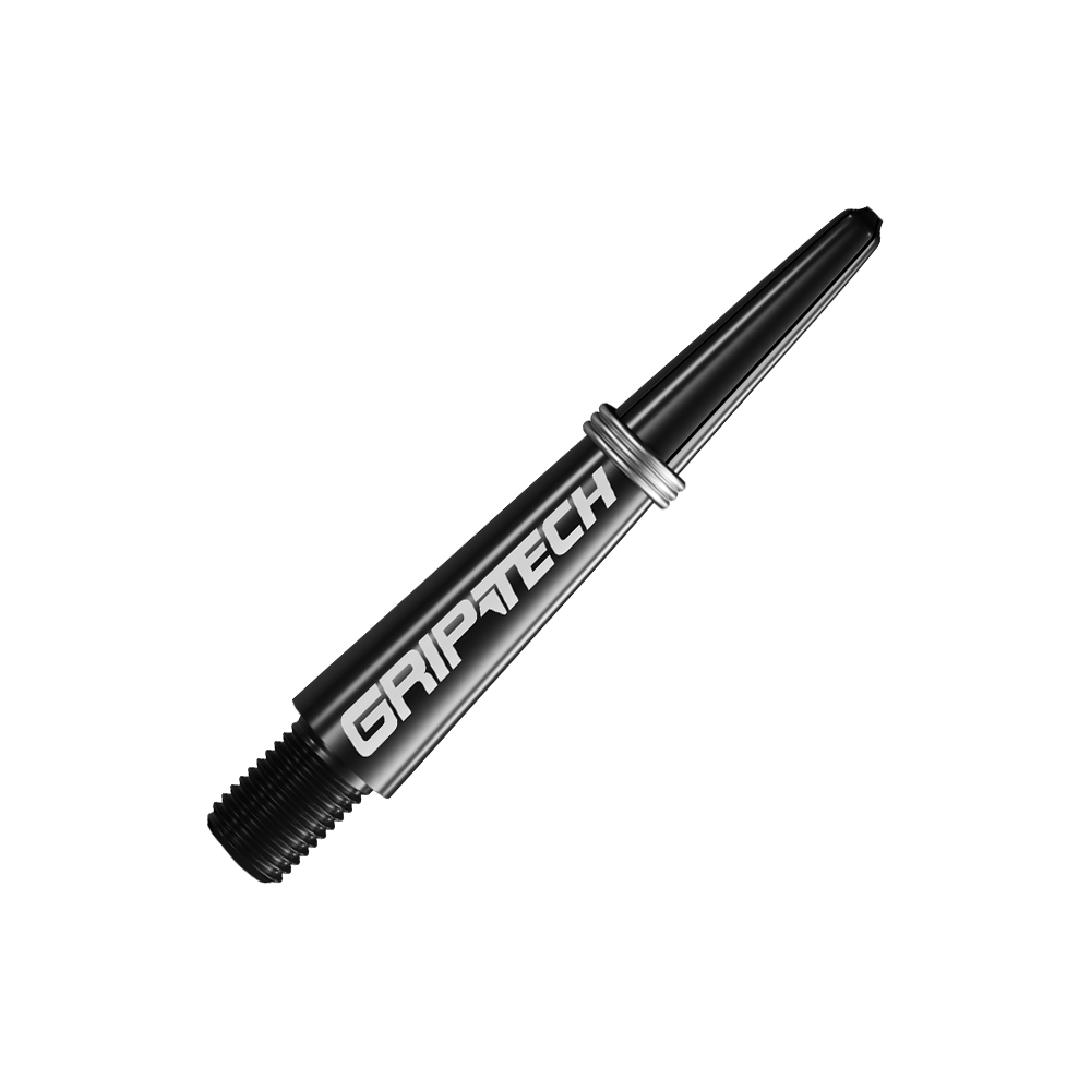 Tiges GOAT Griptech - Noires Das Bild zeigt einen schwarzen Dart-Schaft mit der Aufschrift "GRIPTECH". Der Schaft wirkt robust und hat metallische Akzente.