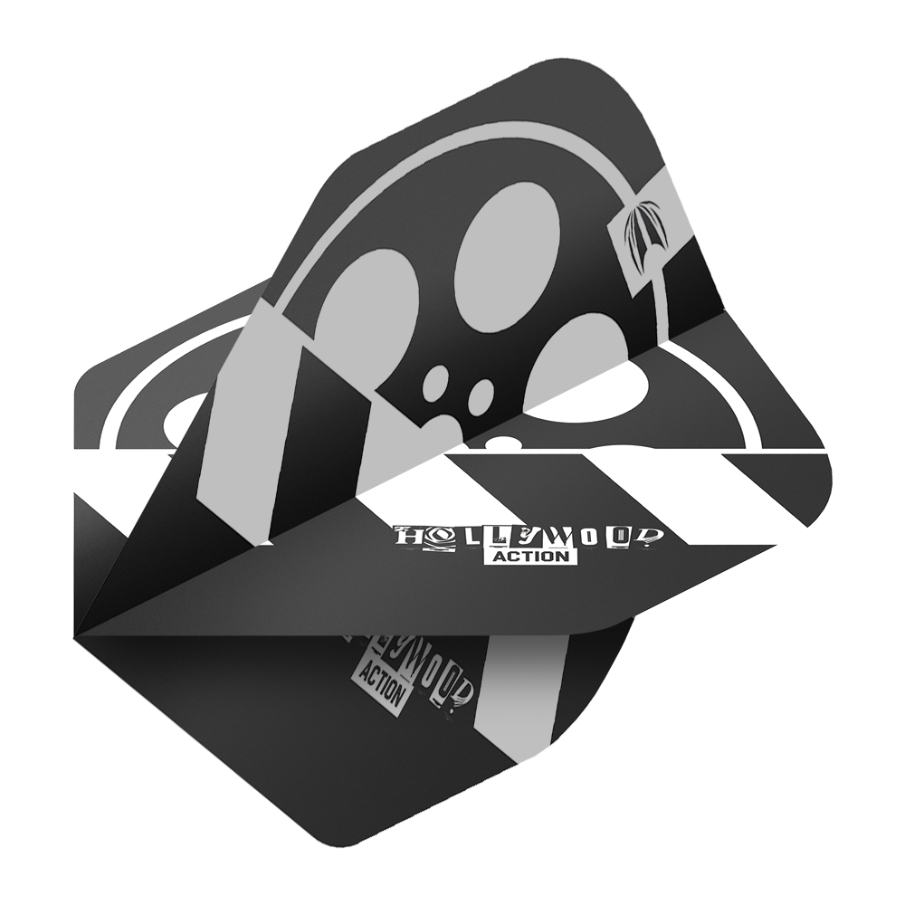 Target Pro Ultra Chris Dobey Hollywood Action No2 Standard Flights - 3 jeux Das Bild zeigt die Target Pro Ultra Chris Dobey Hollywood Action No2 Standard Flights. Die Flights sind schwarz-weiß gestaltet und tragen den Schriftzug "HOLLYWOOD ACTION".