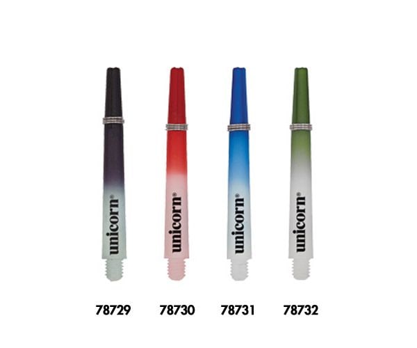 78730 Das Bild zeigt vier Unicorn Gripper III Two Tone Shafts in mittlerer Größe, jeweils in unterschiedlichen Farben: Schwarz, Rot, Blau und Grün. Unter jedem Shaft steht eine eigene Artikelnummer.