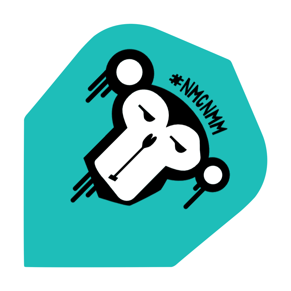 Not_My_Circus_Not_My_Monkeys_NMCNMM_Standard_Flights_1 Das Bild zeigt eine türkisfarbene Dart-Flugbahn mit dem stilisierten Gesicht eines Affen. Oben rechts steht der Hashtag "#NMCNMM".