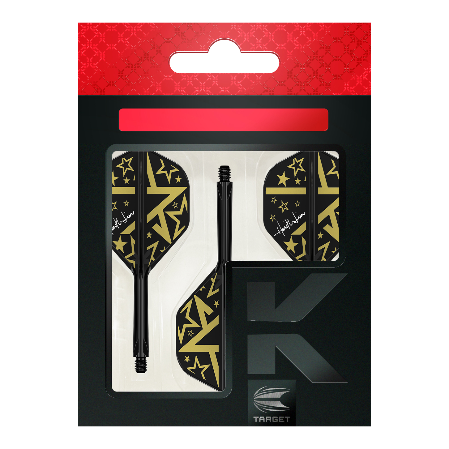 Système d'arbre de vol standard Target Japan K-Flex Hot Shot No2 Das Bild zeigt das Produkt "Target Japan K-Flex Hot Shot No2 Standard Flight-Shaft-System" in seiner Verpackung. Die Flights und Shafts sind schwarz mit goldenen Sternen und Mustern gestaltet.