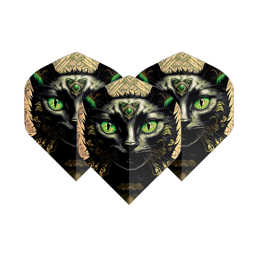 Vols de Pentathlon Cat Das Bild zeigt drei Dart-Flights mit einem kunstvollen Katzengesicht und leuchtend grünen Augen. Die Flights heißen "Pentathlon Katze No2 Standard Flights".