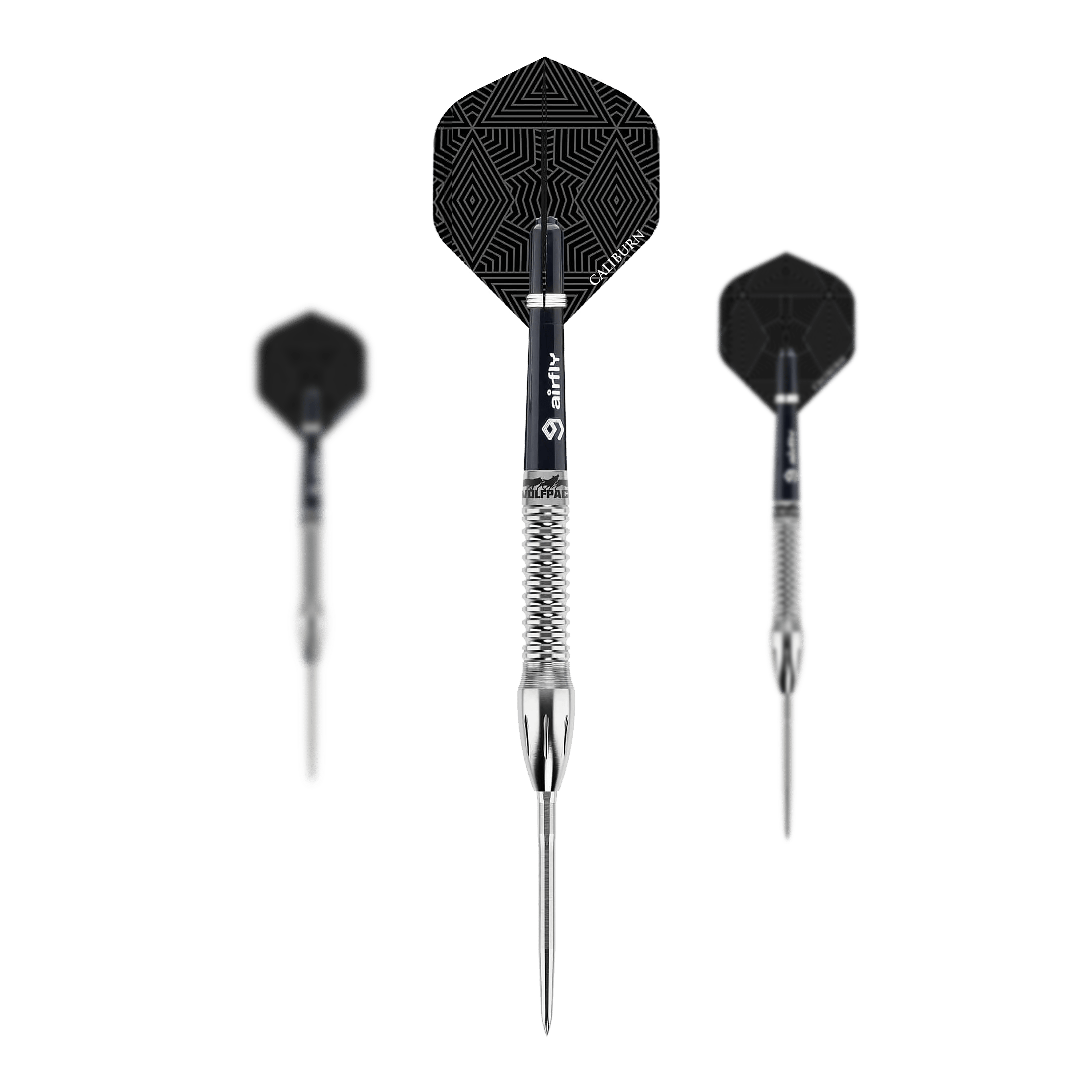 Fléchettes en acier Caliburn Wolfpack W4 - 20 g Das Bild zeigt drei Steeldarts des Produkts „Caliburn Wolfpack W4 Steeldarts - 20g“. Die Darts haben silberne Spitzen und Schäfte sowie schwarze Flights mit geometrischem Muster.