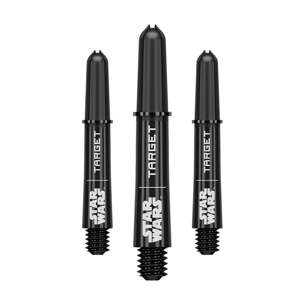 Poignées Target Star Wars ProGrip - Noires Abgebildet ist das Produkt mit dem Dateinamen 380420_Target_StarWars_ProGrip_Shafts_Schwarz_Short_34mm_1Set. Vermutlich handelt es sich um schwarze ProGrip Shafts für Darts, Modell Star Wars, in kurzer Ausführung.