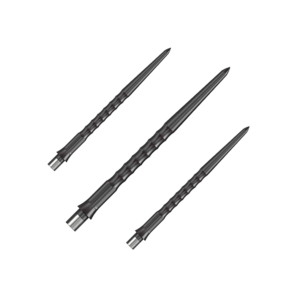 Pointes Caliburn System Steeldart - Ripple - NoLip - Noires Dargestellt ist ein Set schwarzer Steeldartspitzen mit Ripple NoLip Design, 36 mm lang. Diese sind Bestandteil des Caliburn Evo Systems.