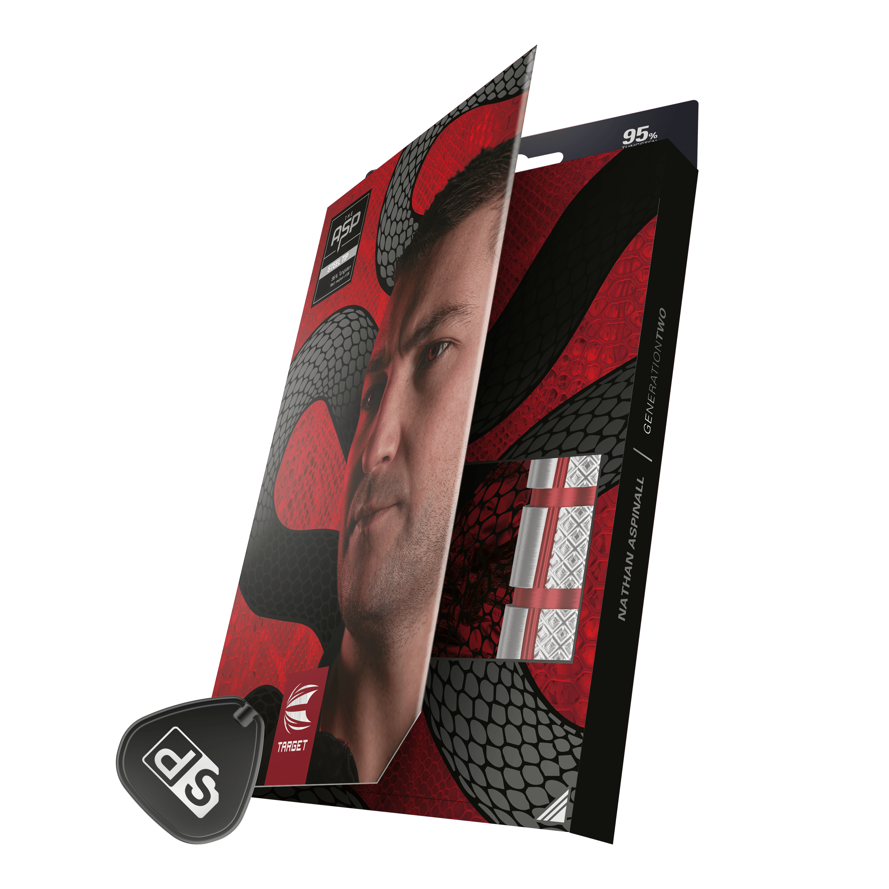 Fléchettes en acier Target Nathan Aspinall GEN2 Swiss Point Auf der Verpackung sind Target Steeldarts mit einem auffälligen roten und schwarzen Design zu sehen. Die Packung zeigt auch ein Porträt eines Mannes und den Namen "Nathan Aspinall".