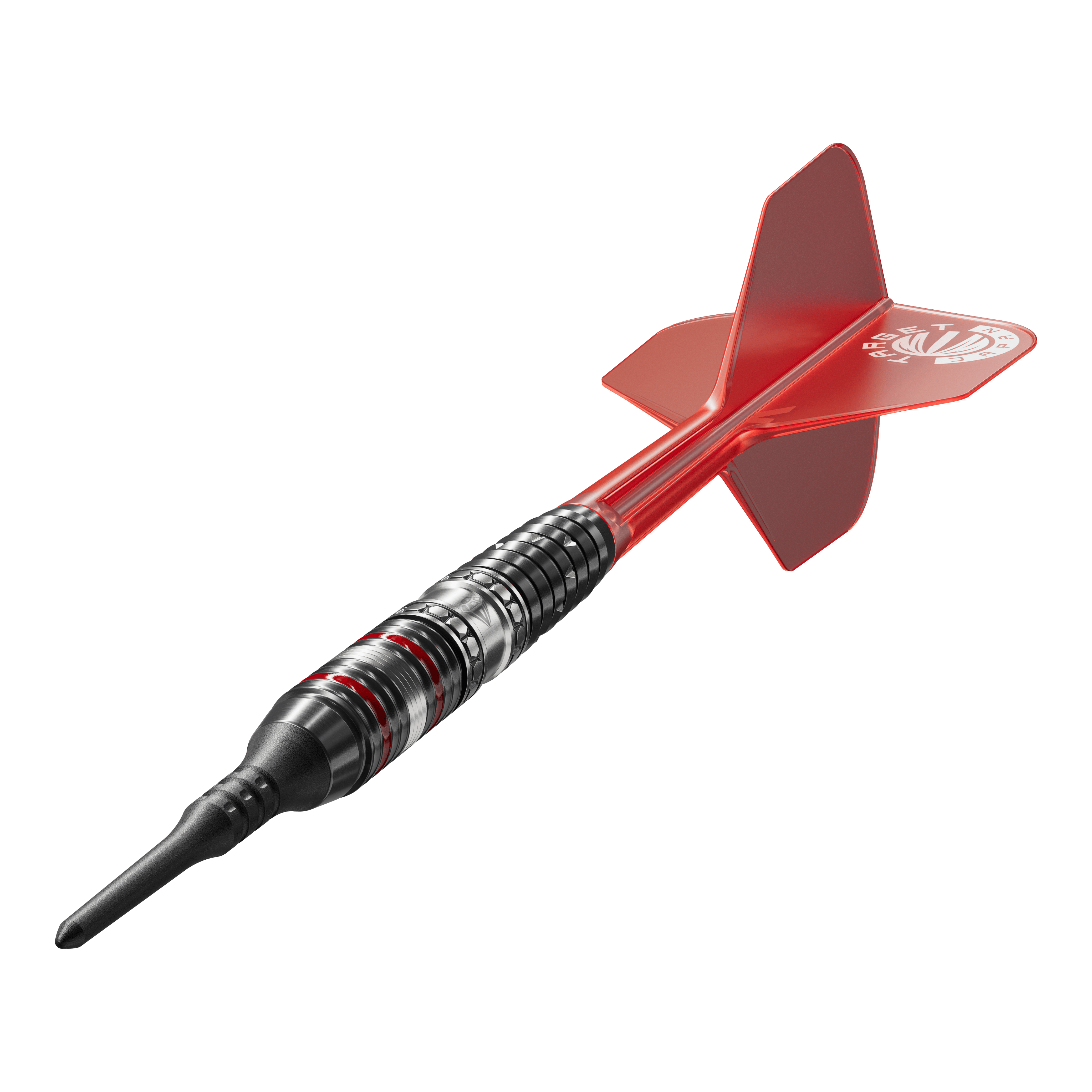 Fléchettes souples Target Japan Prime Series Diamond GEN3 - 18 g Das Bild zeigt einen Softdart der Serie "Target Japan Prime Series Diamond GEN3" mit einem Gewicht von 18g. Der Dart ist schwarz-silbern mit roten Akzenten und hat eine rote Flights.