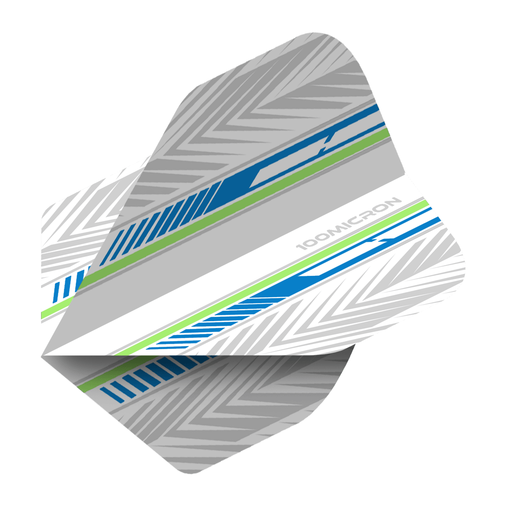 Vols de Pentathlon blanc/bleu/vert Das Bild zeigt ein Dartflight mit dem Namen "Pentathlon White Blue Green No2 Standard Flights". Das Design ist überwiegend weiß und grau mit blauen und grünen Streifen sowie einem chevronartigen Muster.