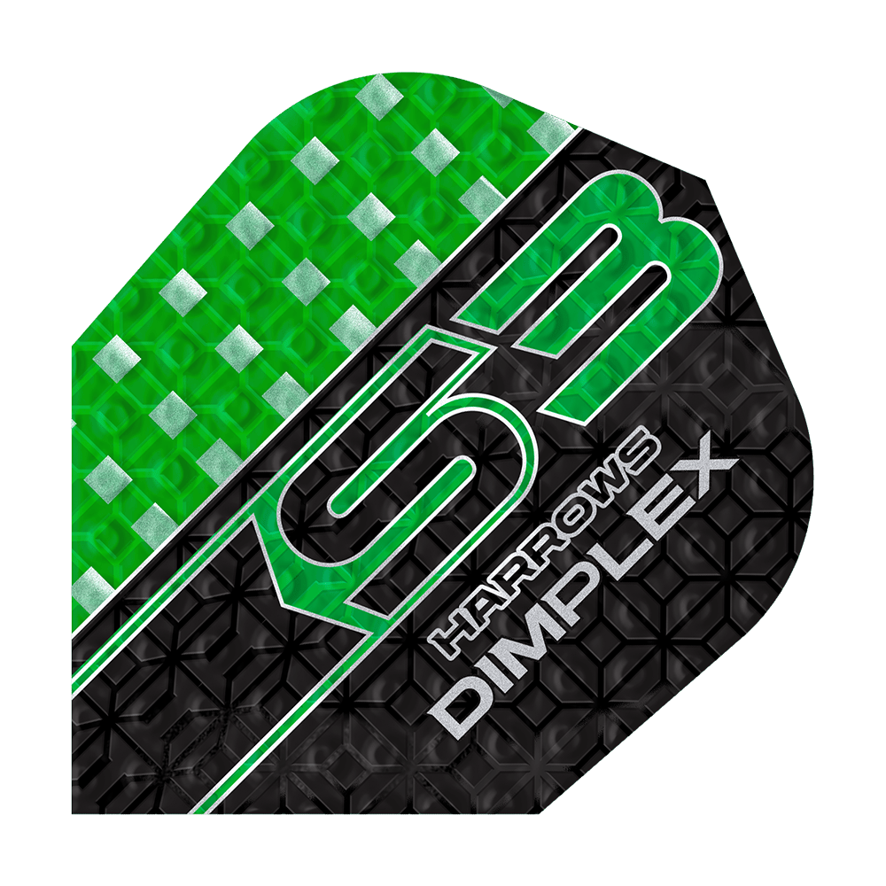 Volets Harrows Dimplex S3 - Vert Das Bild zeigt ein Harrows Dimplex S3 Dart Flight in grün und schwarz mit geometrischem Muster. Auf dem Flight steht "S3 Harrows Dimplex" in auffälliger Schrift.