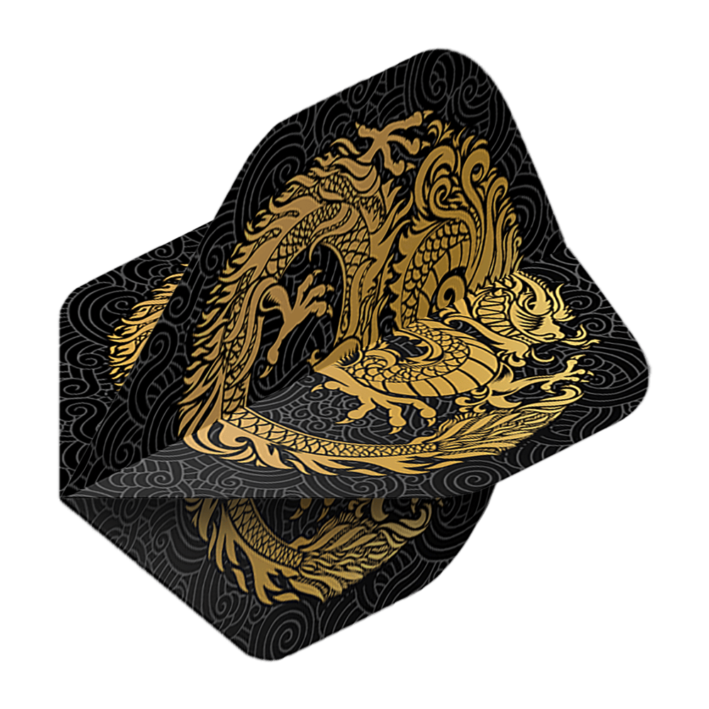 Vols de Pentathlon Dragon noir Auf dem Bild ist ein Pentathlon Dragon 2 Standard Flight zu sehen. Das Flight ist schwarz und mit einem goldenen Drachen verziert.