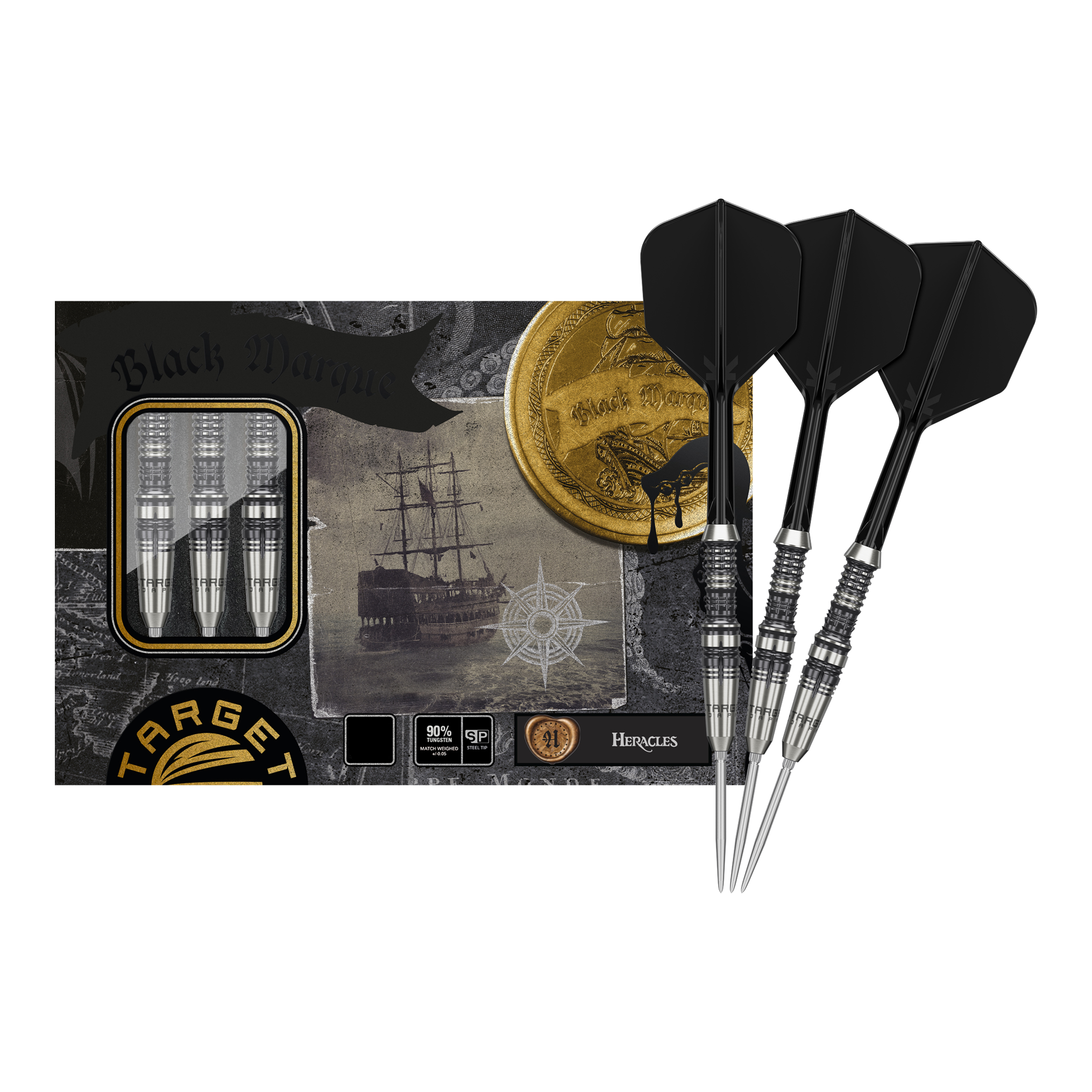 Das Bild zeigt die Target Japan Black Marque Heracles Steeldarts zusammen mit ihrer Verpackung. Drei silberne Darts mit schwarzen Flights liegen rechts neben einer stilvoll gestalteten Box.
