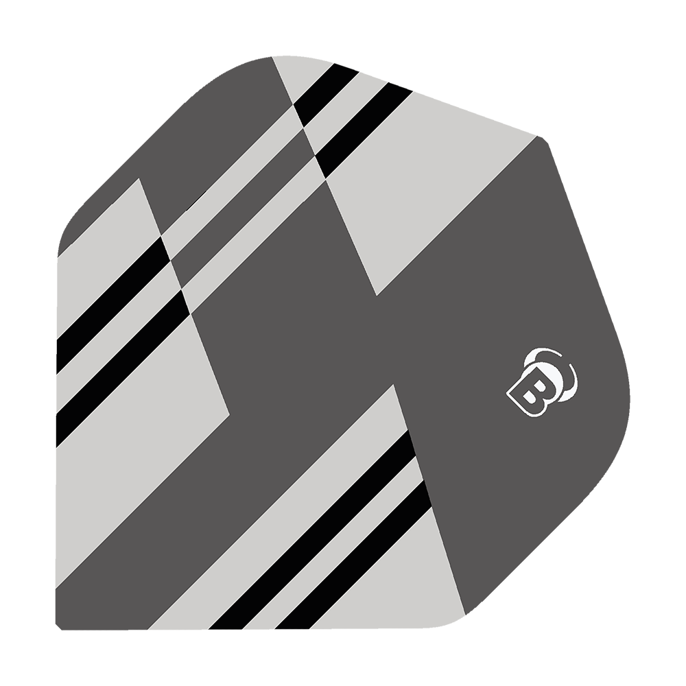 Vols standard Bulls B-Star Tac No2 Das Bild zeigt das Produkt "Bulls B-Star Tac No2 Standard Flights". Das Flight ist grau mit schwarzen und weißen Streifen und hat ein modernes, geometrisches Design.