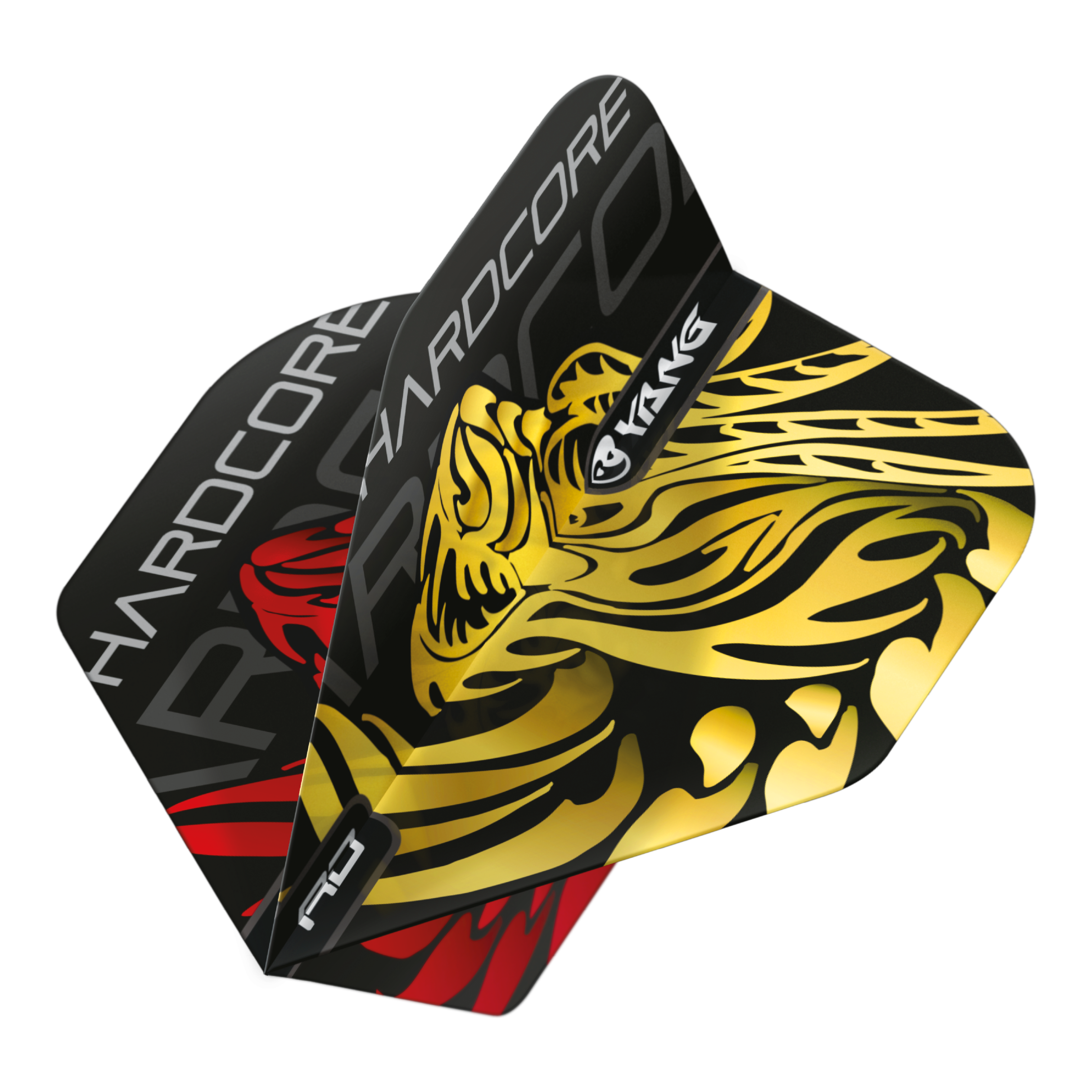 Vols standard Red Dragon Jonny Clayton Gold Red Yin Yang Das Bild zeigt die Red Dragon Jonny Clayton Gold Red Yin Yang Standard Flights mit einem auffälligen goldenen und roten Design. Die Flights haben ein Hardcore-Branding und einen stilisierten Yin-Yang-Druck.
