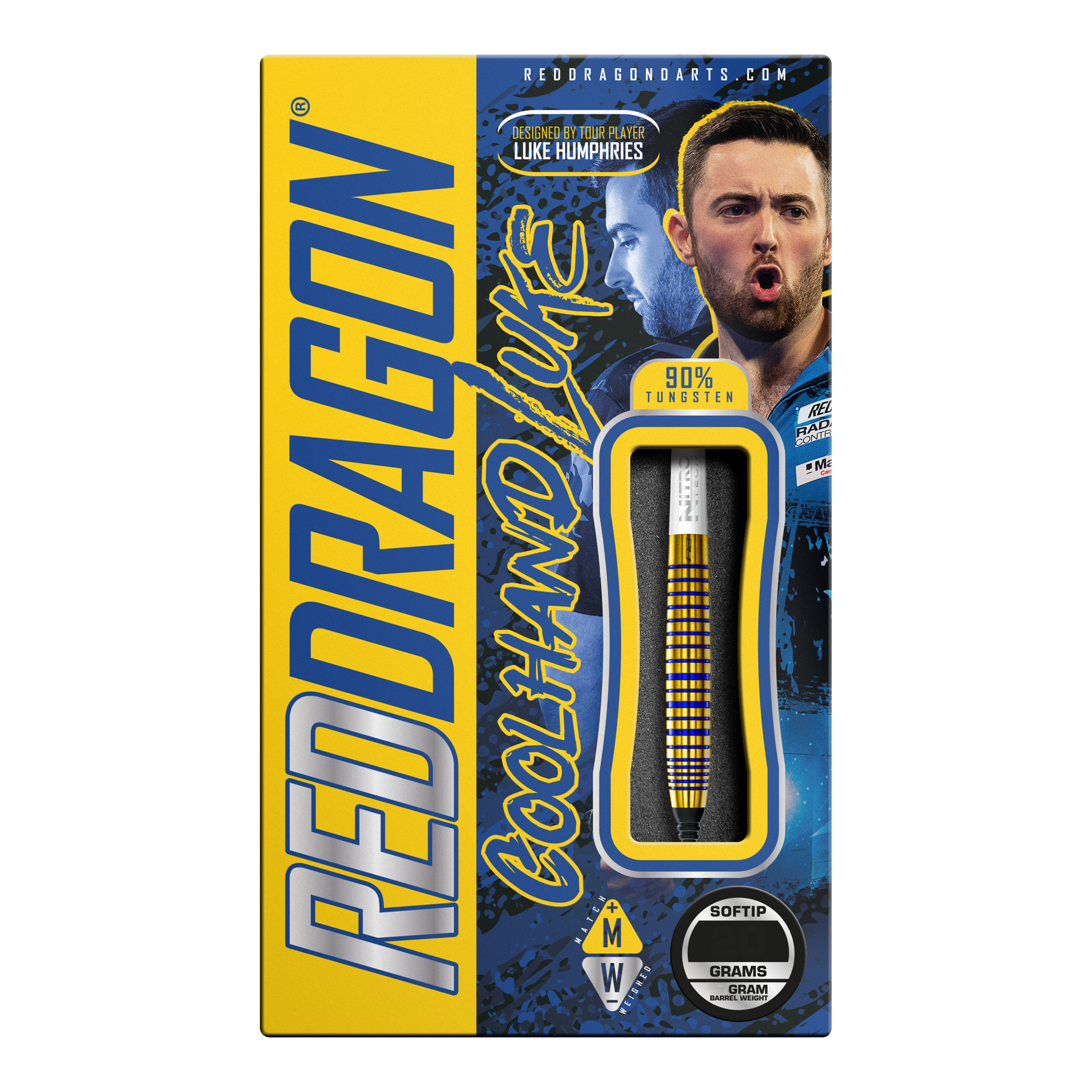 Fléchettes souples Red Dragon Luke Humphries TX3 Gold SE - 20 g Die Verpackung zeigt die "Red Dragon Luke Humphries TX3 Gold SE Softdarts - 20g". Auf der Box sind ein Dartpfeil, das Bild eines Spielers und auffällige gelbe und blaue Grafiken zu sehen.