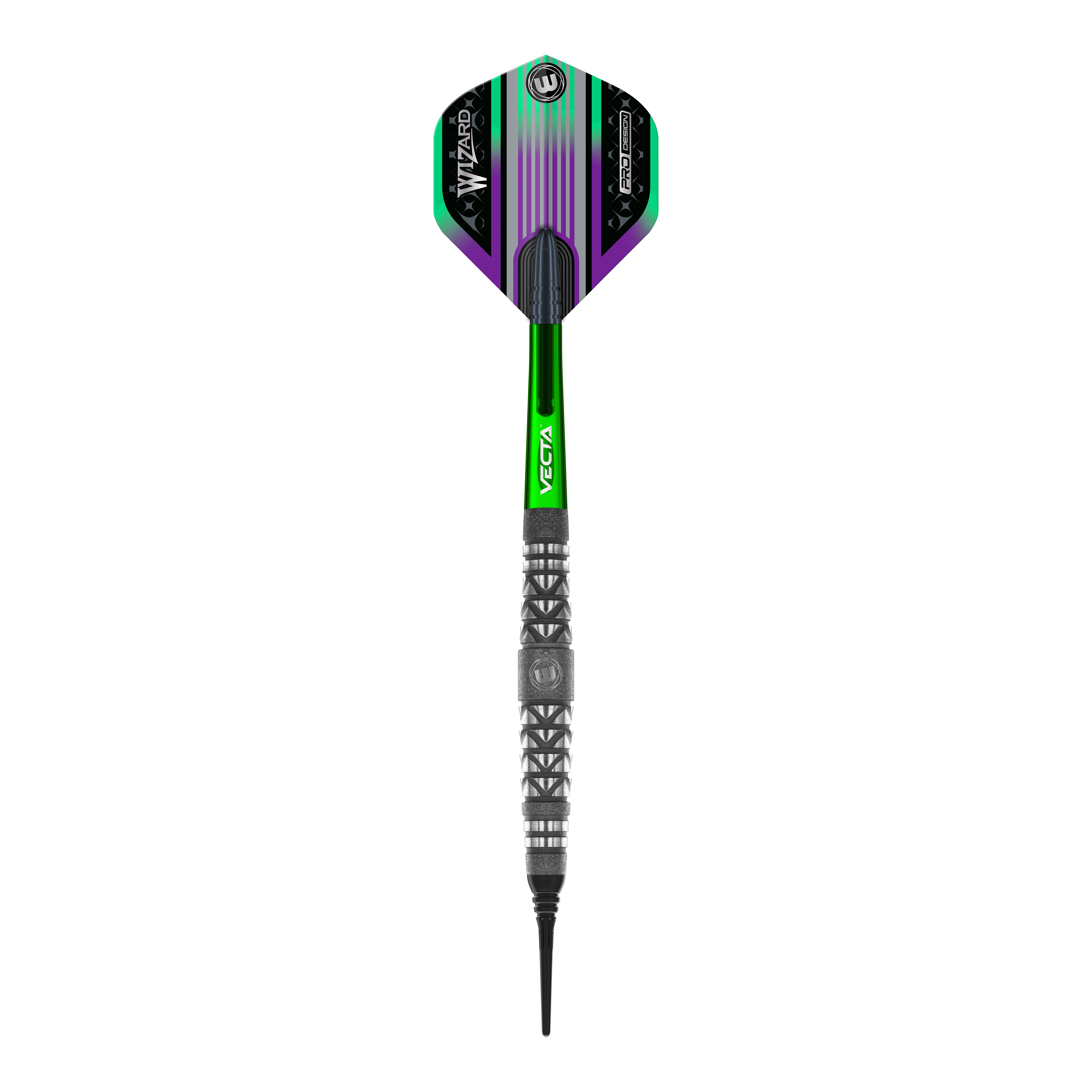 Fléchettes souples Winmau Simon Whitlock à poignée atomisée Das Bild zeigt den Winmau Simon Whitlock Atomised Grip Softdart. Der Dartpfeil hat grüne und schwarze Akzente sowie eine strukturierte Griffzone.