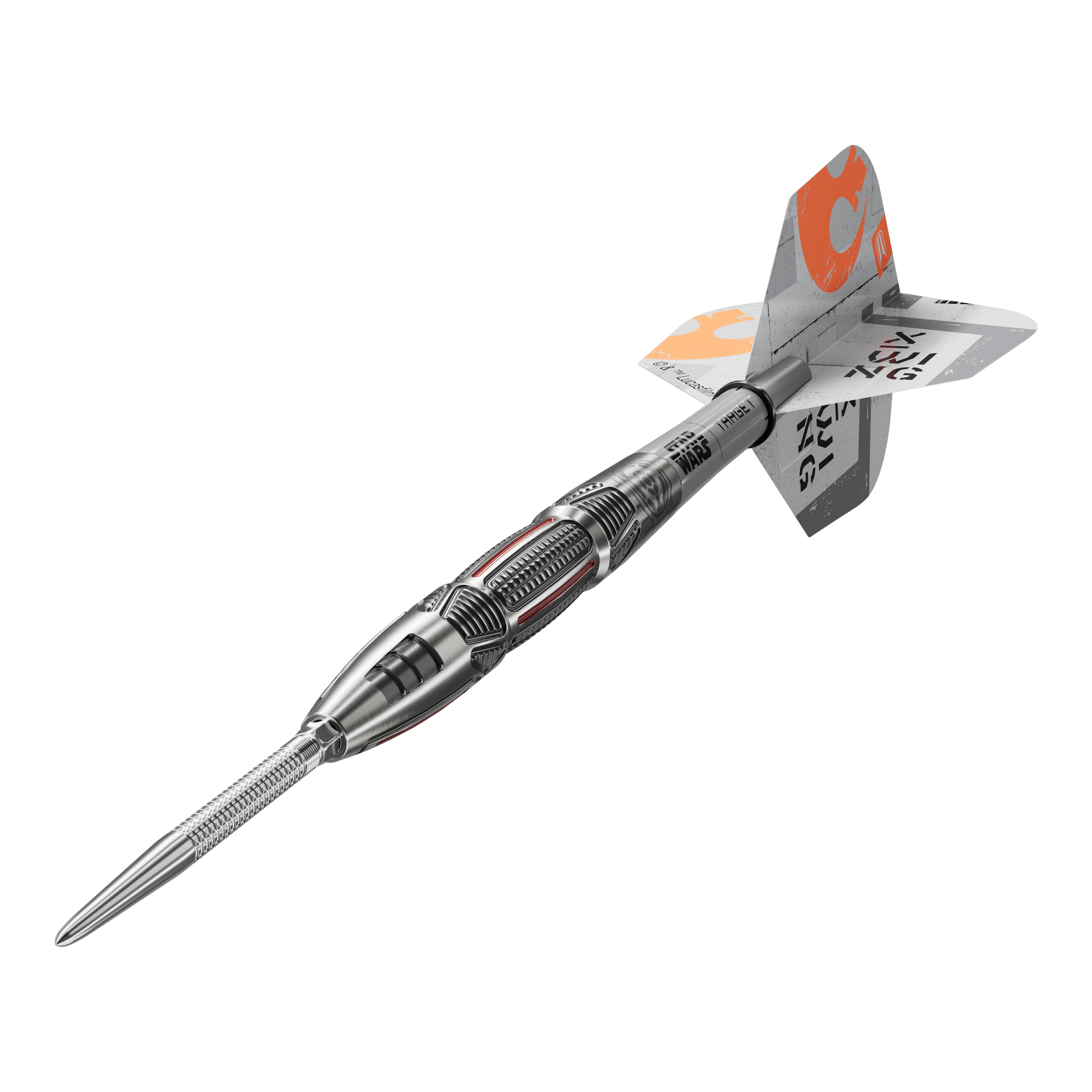 Fléchettes en acier Target Star Wars X-Wing Swiss Point Target Star Wars X-Wing Swiss Point Steeldarts sind hochwertige Steeldarts mit X-Wing-Design. Das Bild zeigt die Darts aus einer Detailperspektive.