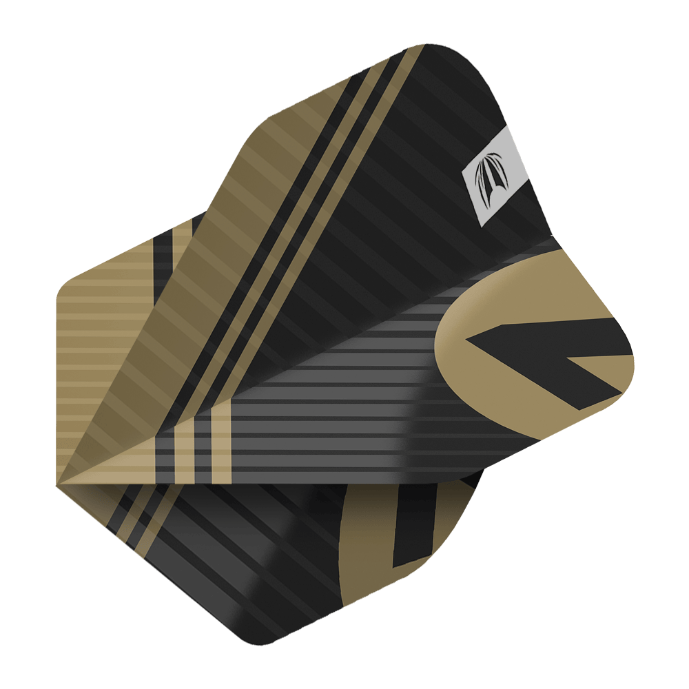 Das Bild zeigt einen schwarzen Dartflight mit goldenen Streifen und Mustern. Es handelt sich um das Produkt "Target Pro Ultra Chicane Black No2 Standard Flights - 3 Sets".