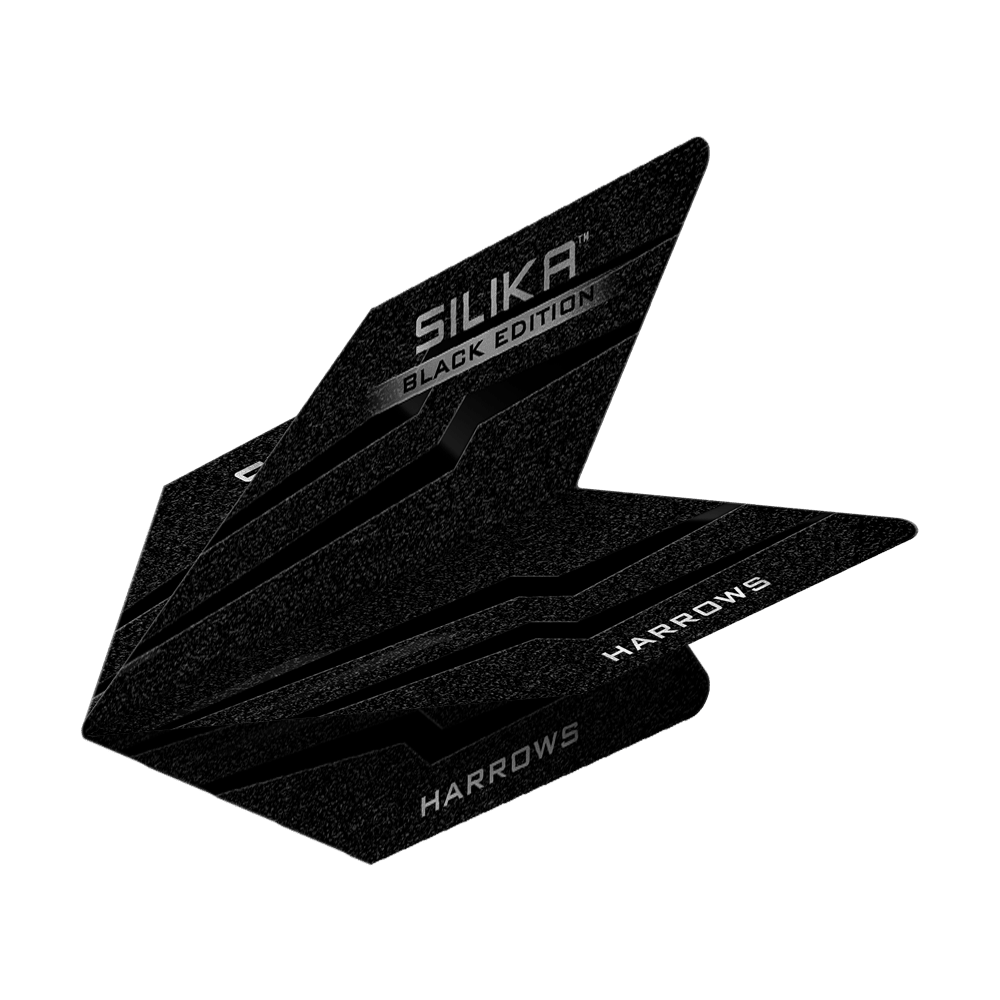 Vols de vélo Harrows Silika Black Edition Das Bild zeigt die Harrows Silika Black-Edition Velos Flights. Die Flights sind schwarz mit silbernen Schriftzügen und haben ein modernes, eckiges Design.