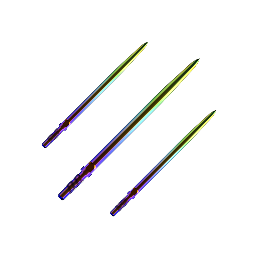 Pointes de fléchettes convertibles Bulls NL - Lisse - Arc-en-ciel Ein Bild mit dem Dateinamen BU57716_BullsNL_Convertible_Points_Smooth_Rainbow_36mm_1Set. Es zeigt wahrscheinlich ein Set von Dartspitzen in Regenbogenfarben.