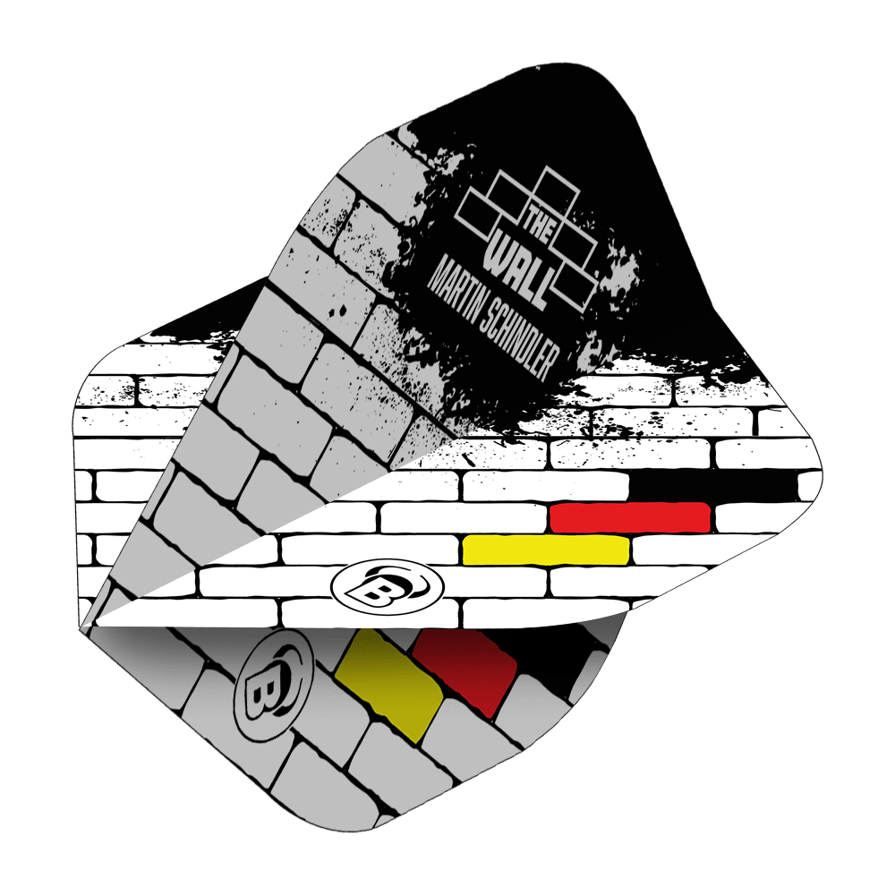 Bulls B-Star Martin Schindler Blanc No2 Vols Standard Das Bild zeigt die Bulls B-Star Martin Schindler White No2 Standard Flights. Das Design erinnert an eine weiße Backsteinmauer mit den Farben der deutschen Flagge und dem Text "The Wall Martin Schindler".