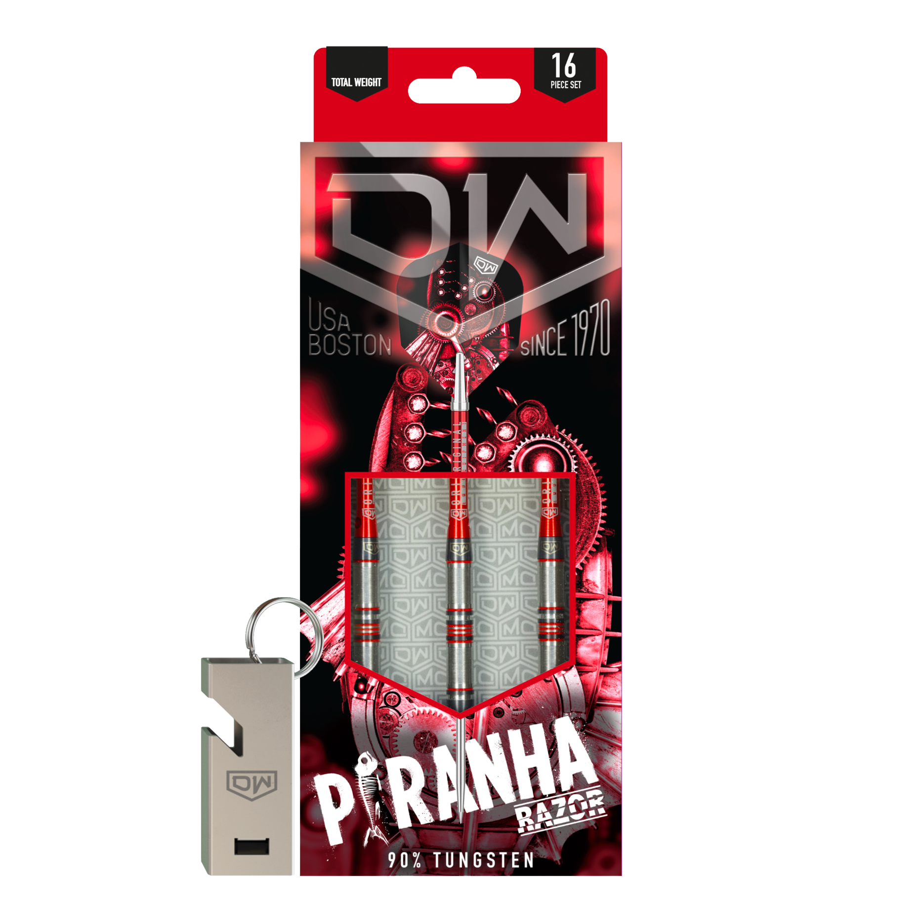 Fléchettes en acier DW Piranha Razor 01 Das Bild zeigt die Verpackung der "DW Piranha Razor 01 Steeldarts". In der Packung sind drei Darts aus 90% Tungsten und ein silberner Schlüsselanhänger enthalten.