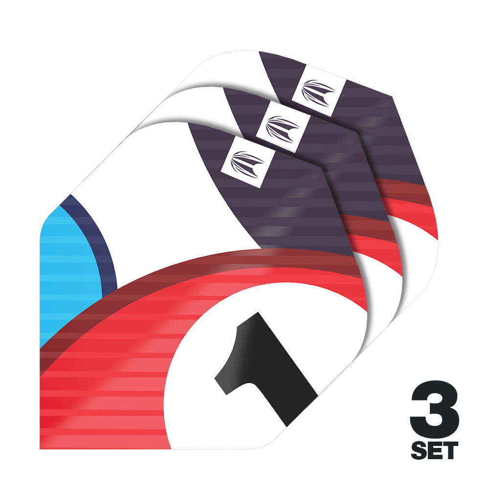 Ailettes standard Target Pro Ultra Chicane Blue No2 - 3 jeux Das Bild zeigt drei Sätze von Target Pro Ultra Chicane Blue No2 Standard Flights. Die Flights sind bunt gestaltet und rechts unten steht "3 Set".