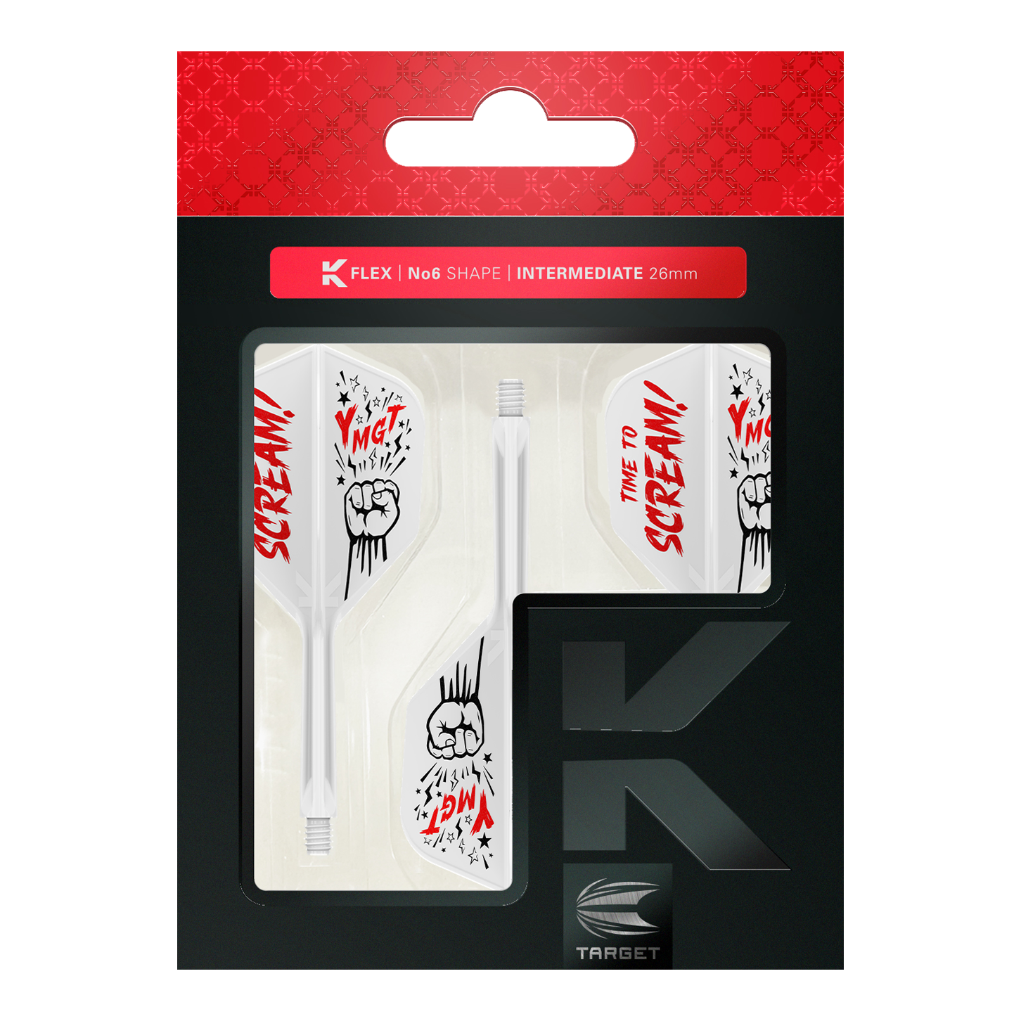 Système d'arbre de vol K-Flex Scream No6 de Target Japan Das Bild zeigt das Produkt „Target Japan K-Flex Scream No6 Flight-Shaft-System“ in seiner Verpackung. Die Flights sind weiß mit roten und schwarzen Grafiken und dem Schriftzug „TIME TO SCREAM!“.